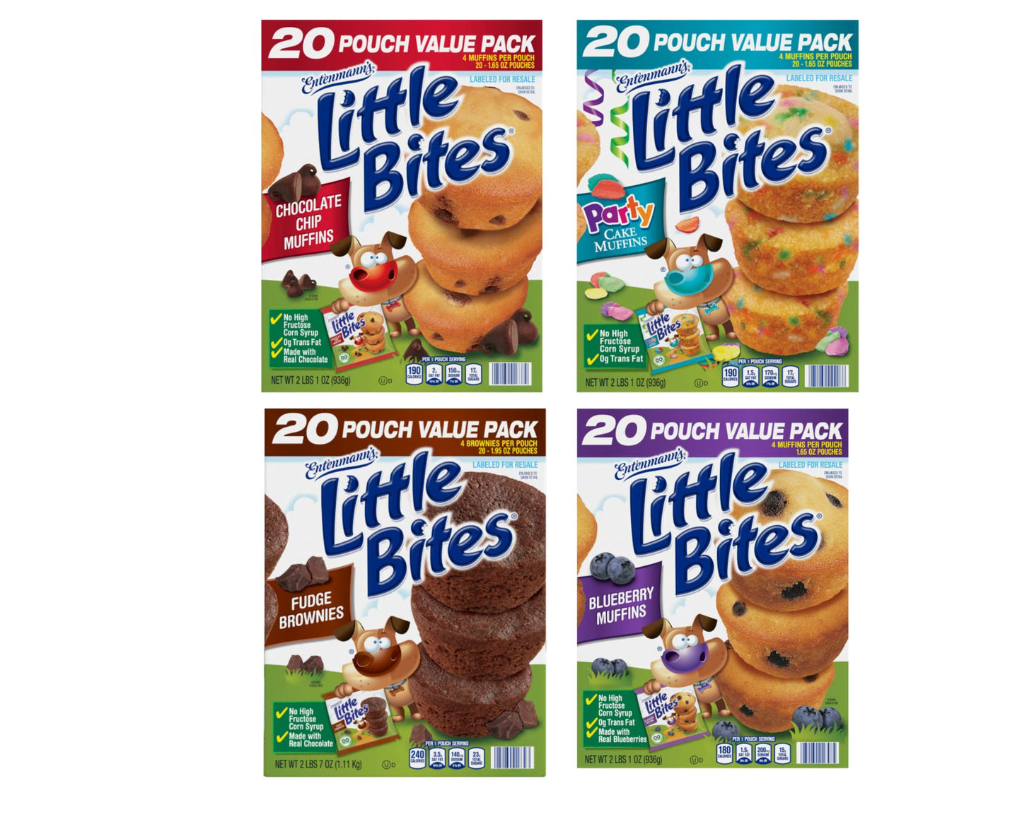 (4 pack) Little Bites Assorted Muffins, 80 individual packs, (20 ct each), Mini Muffins, 138 lbs Case - (20) Chocolate Chip, (20