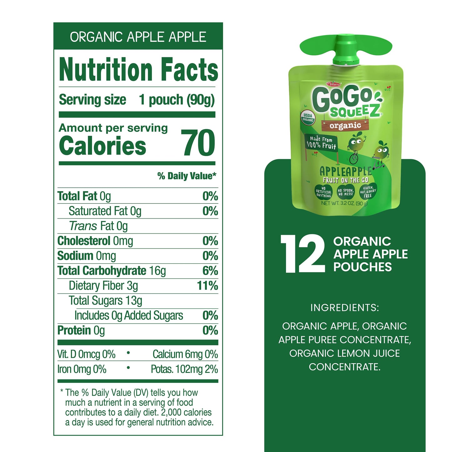 GoGo SqueeZ Organic Applesauce Fruit Puree, Unsweetened, 3.2 oz (Pack of 12), Gluten Free, BPA Free Pouches