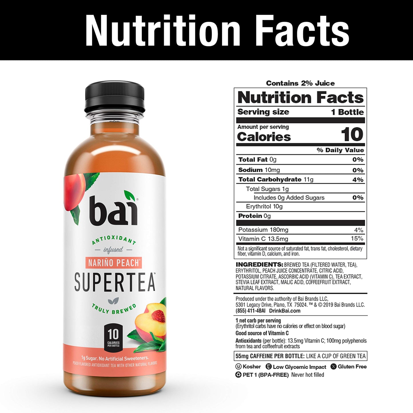 Bai Peach Tea, Antioxidant Infused, 18 Fl Oz (Pack of 1), Model 20022488
