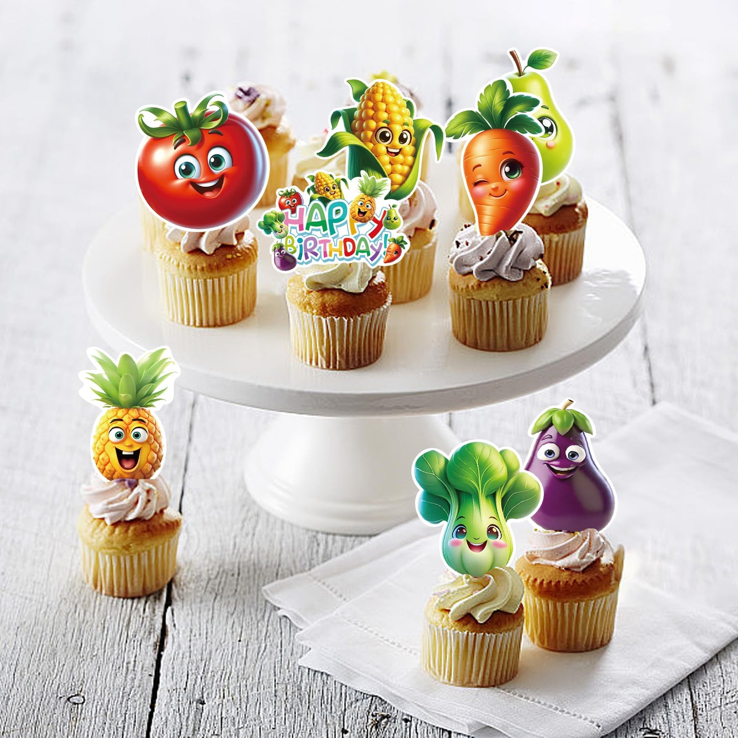 48Pcs Edible Fruit Birthday Cupcake Toppers Wafer Paper Dancing Fruit Birthday Decorations For Baby Shower Wedding Party Decorat