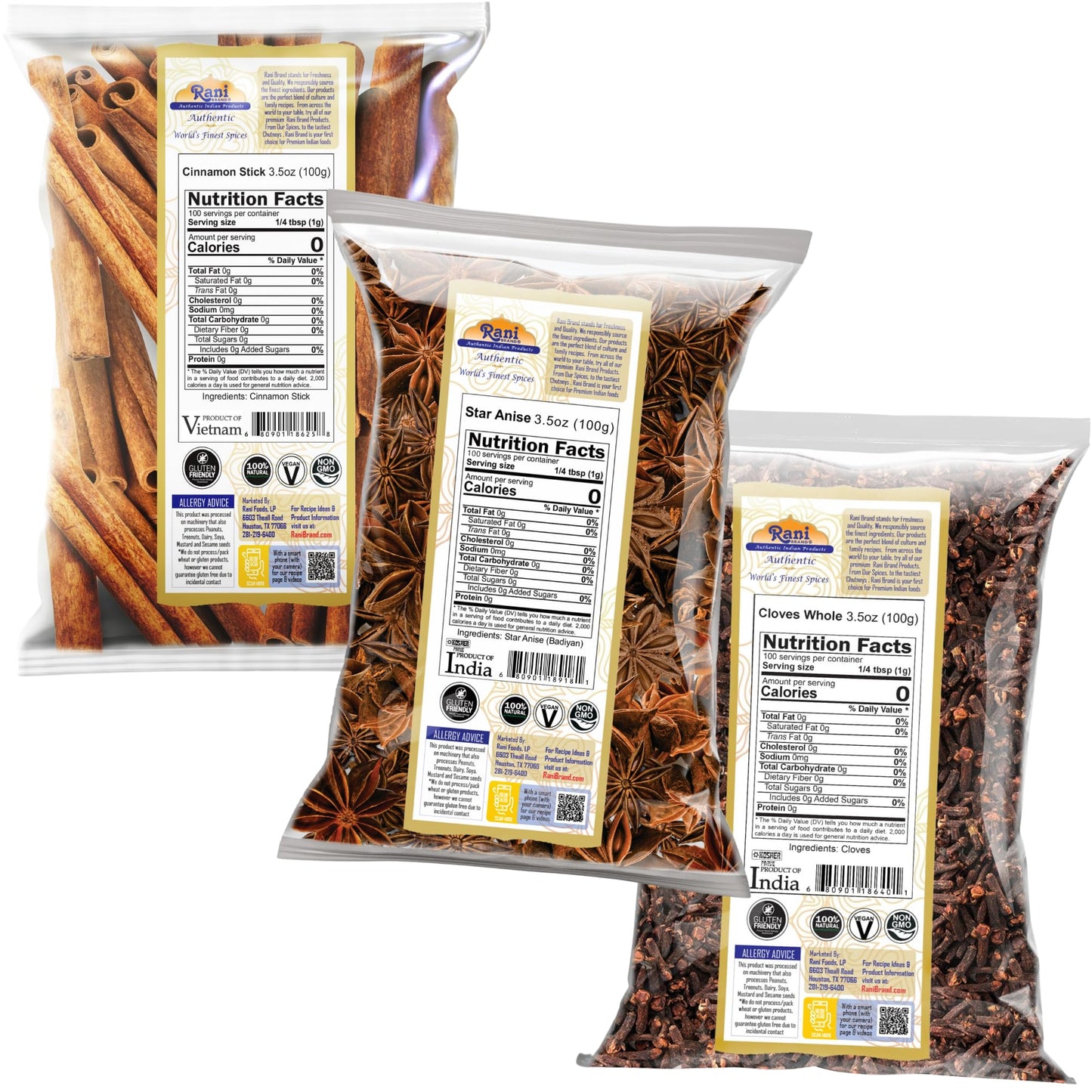 Rani Cinnamon Sticks, Star Anise & Whole Cloves 3.5Oz (100G) Pack Of 3 ~ Perfect For Baking, Cooking & Beverages ~ All Natural |