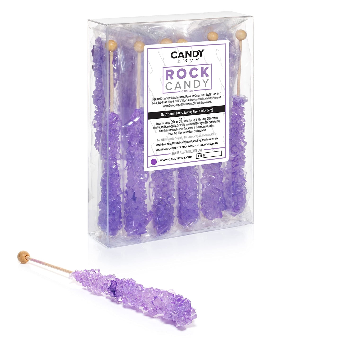 Candy Envy - Iridescent Lavender Rock Candy Sugar Sticks - Tutti Frutti Flavored - 12 Indiv. Wrapped