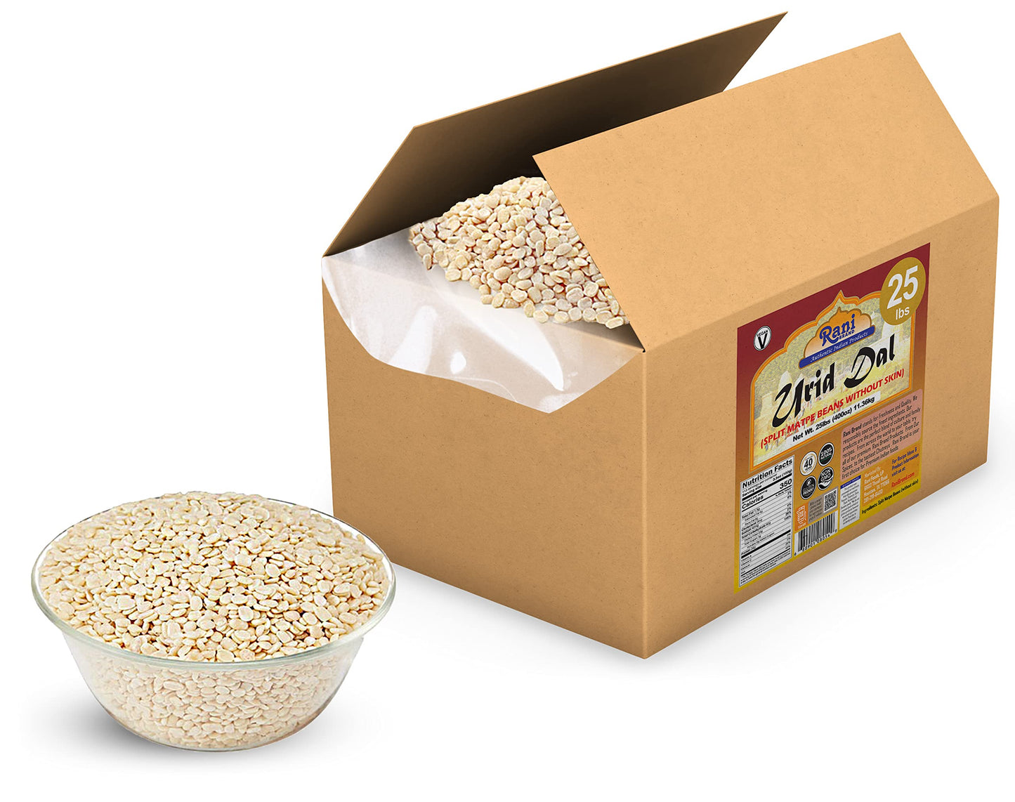 Rani Urid/Urad Dal (Split Matpe Beans Skinless) Indian Lentils 400Oz (25Lbs) 11.36Kg Bulk Box ~ All Natural | Gluten Friendly |