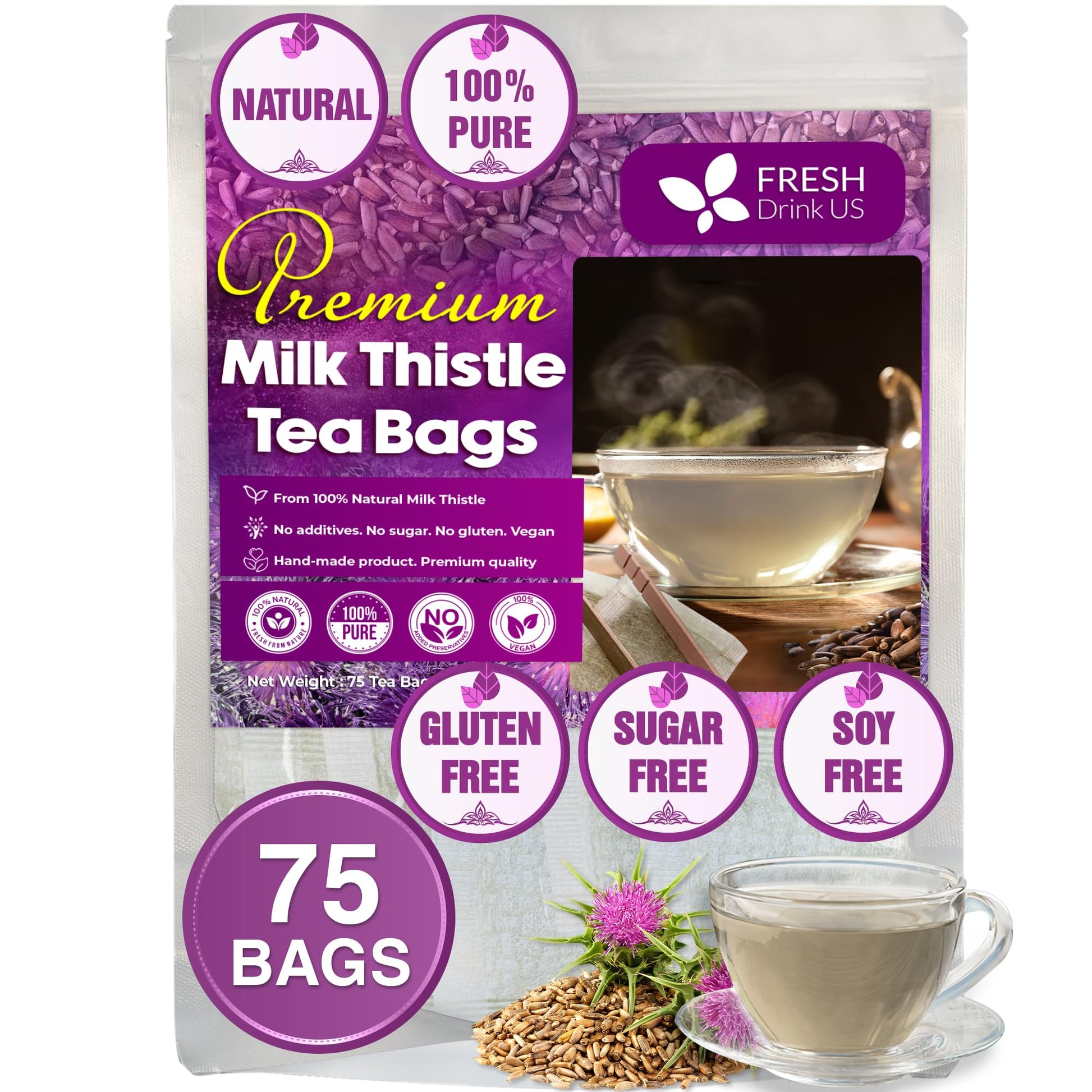 FRESHDRINKUS Milk Thistle Herbal Tea - 100% Natural, 75 Tea Bags, Vegan, No Sugar, No Caffeine, Gluten-Free