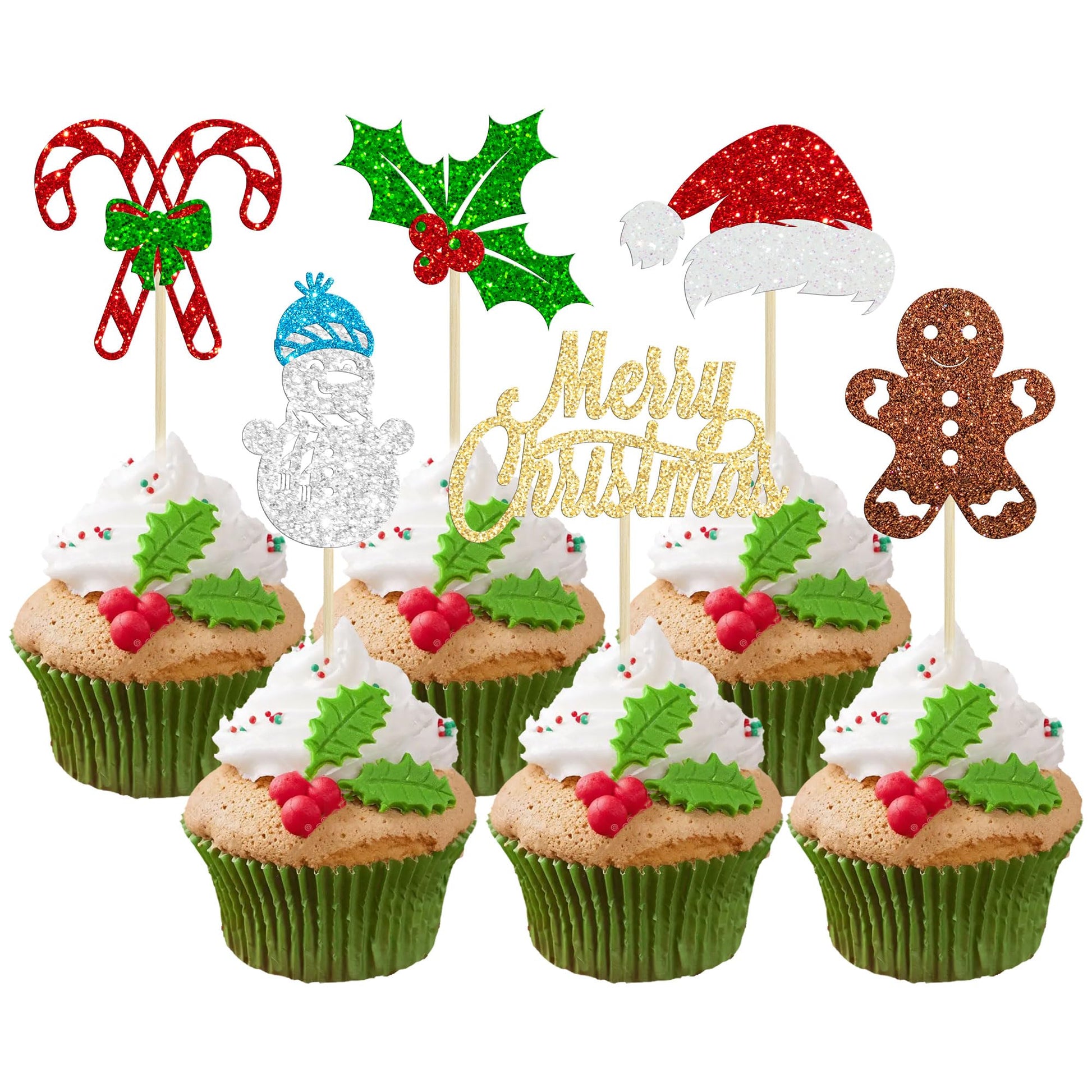 24Pcs Merry Christmas Cupcake Toppers Glitter Santa Claus Gingerbread Santa Hat Cake Topper Decorations For Merry Christmas Them