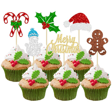 24Pcs Merry Christmas Cupcake Toppers Glitter Santa Claus Gingerbread Santa Hat Cake Topper Decorations For Merry Christmas Them