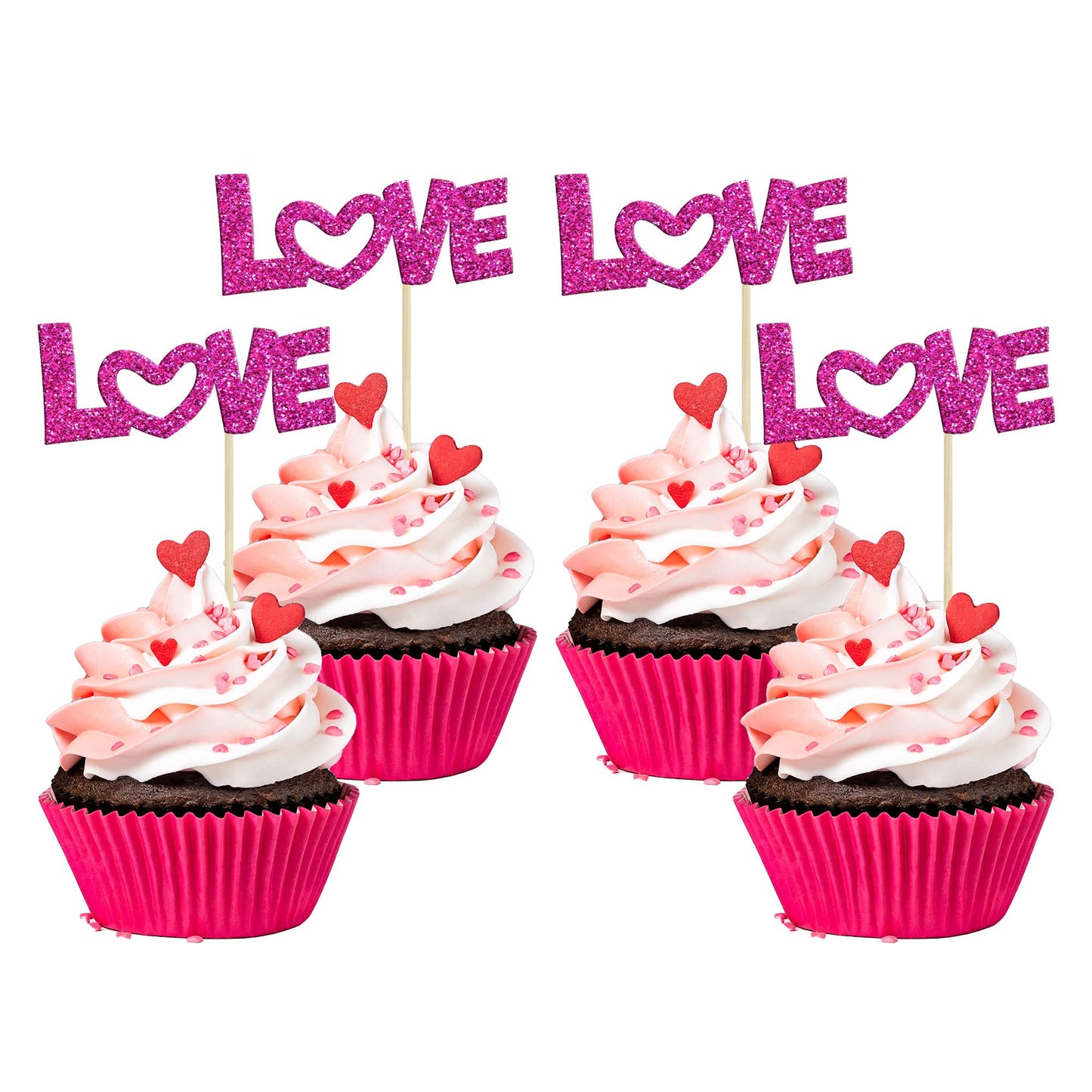 24Pcs Love Valentine's Day Cupcake Toppers Pink Bow Glitter Sweet Love Cupcake Picks Valentine's Day Theme Wedding Engagement Br