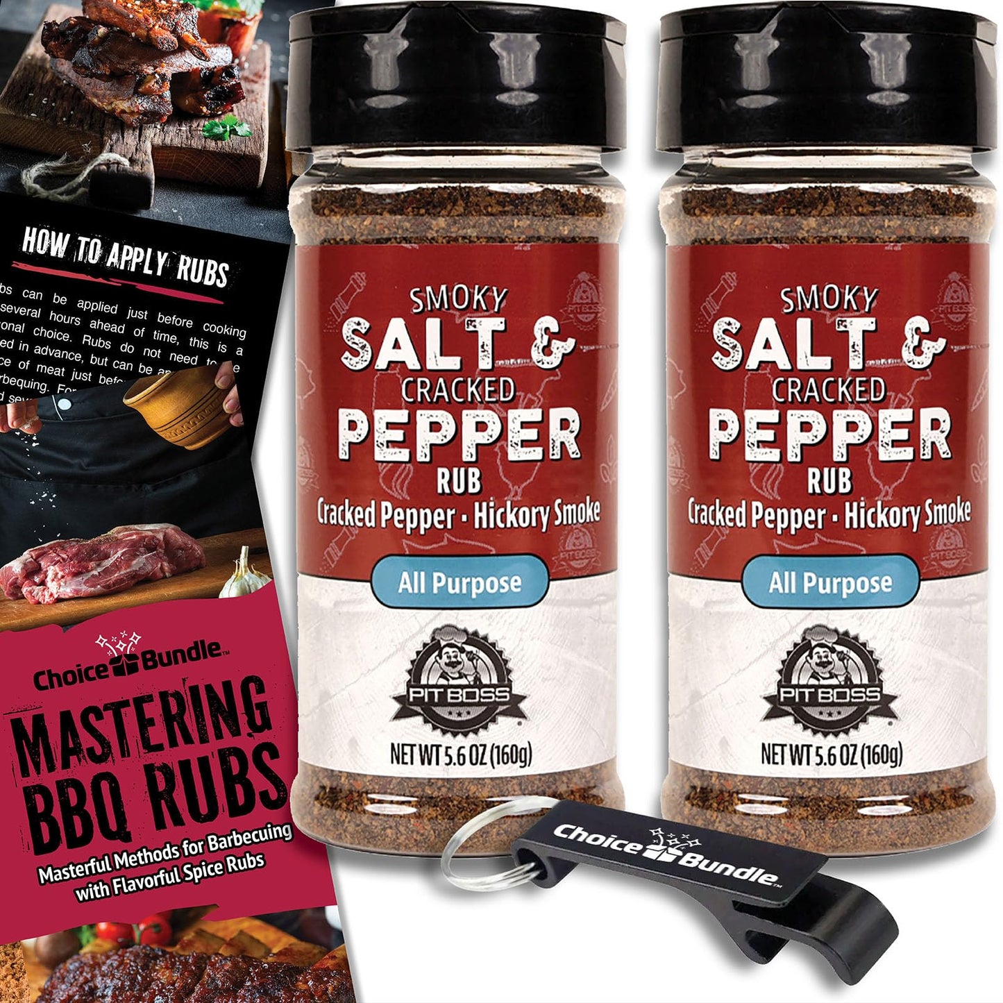 Pit Boss BBQ Seasoning Spice & Rub, Smoky Salt & Cracked Pepper, 11.2 oz (2 Pack) + Guide & Keychain Opener
