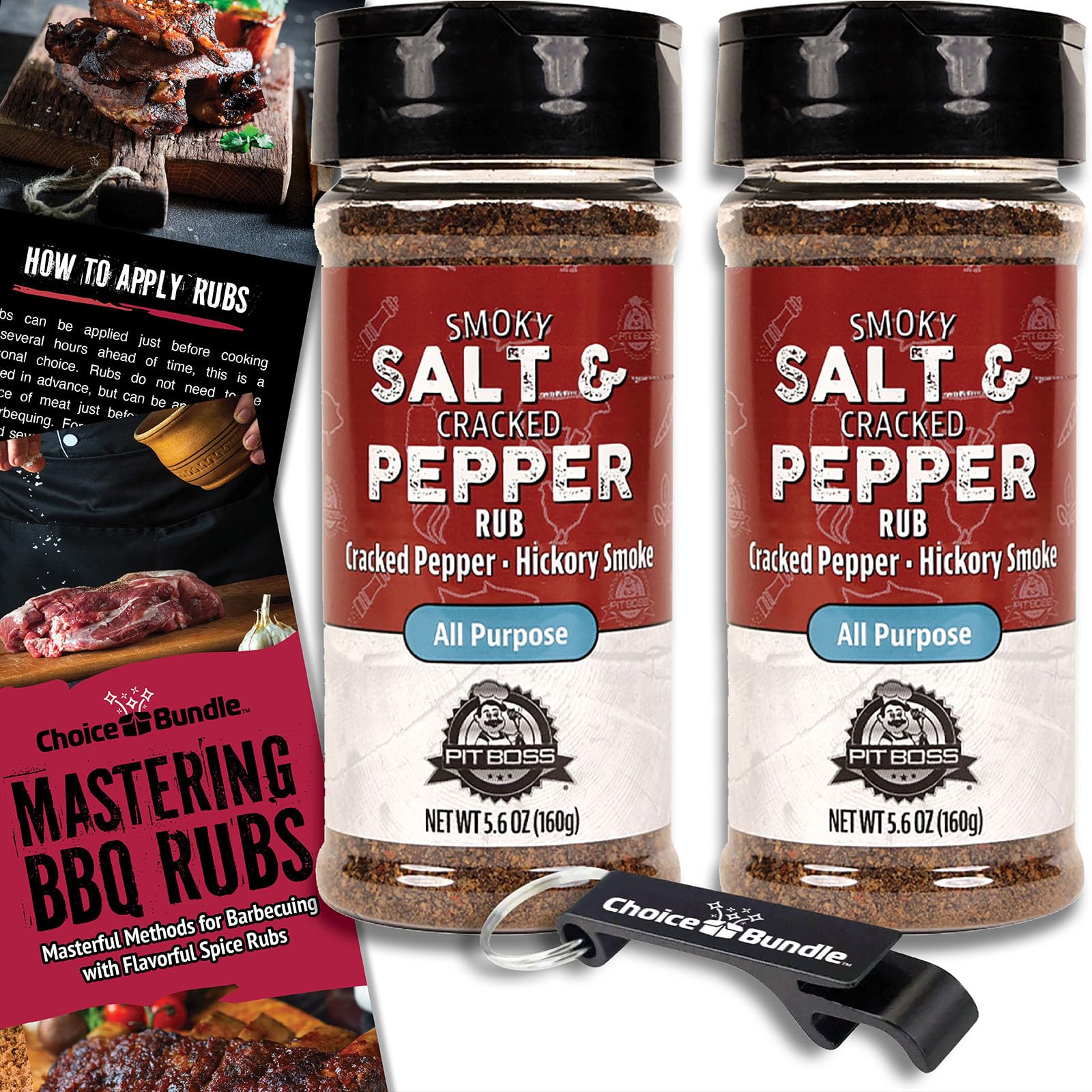 Pit Boss BBQ Seasoning Spice & Rub, Smoky Salt & Cracked Pepper, 11.2 oz (2 Pack) + Guide & Keychain Opener