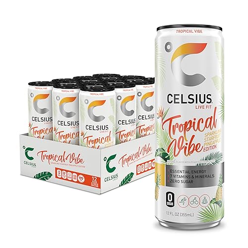 cELSIUS Sparkling Tropical Vibe Functional Essential Energy Drink 12 Fl Oz (Pack of 12)