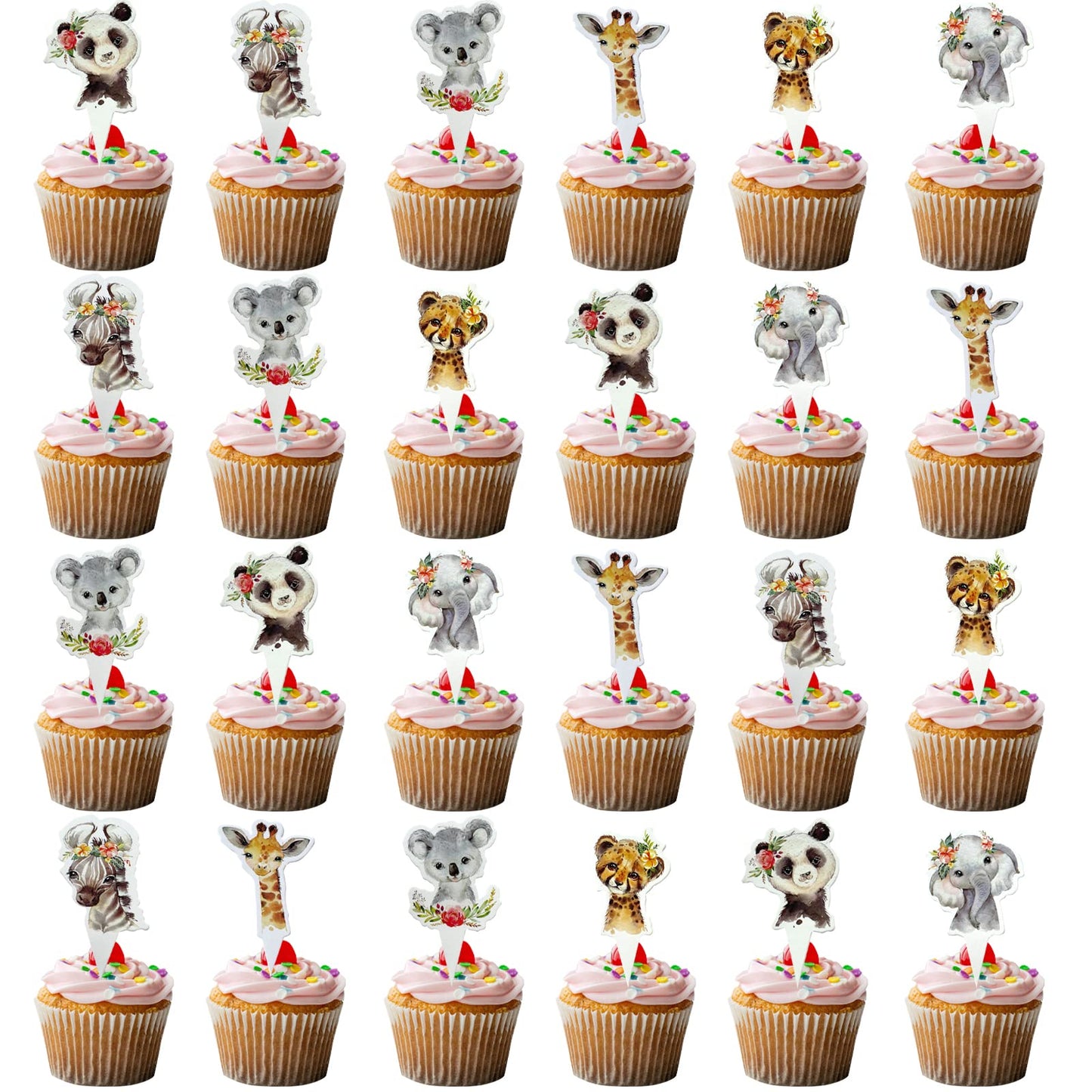 Fenghu 48 Pcs Wild One Cupcake Toppers - Floral Jungle Animals Safari Animal Birthday Party Decorations For Girl