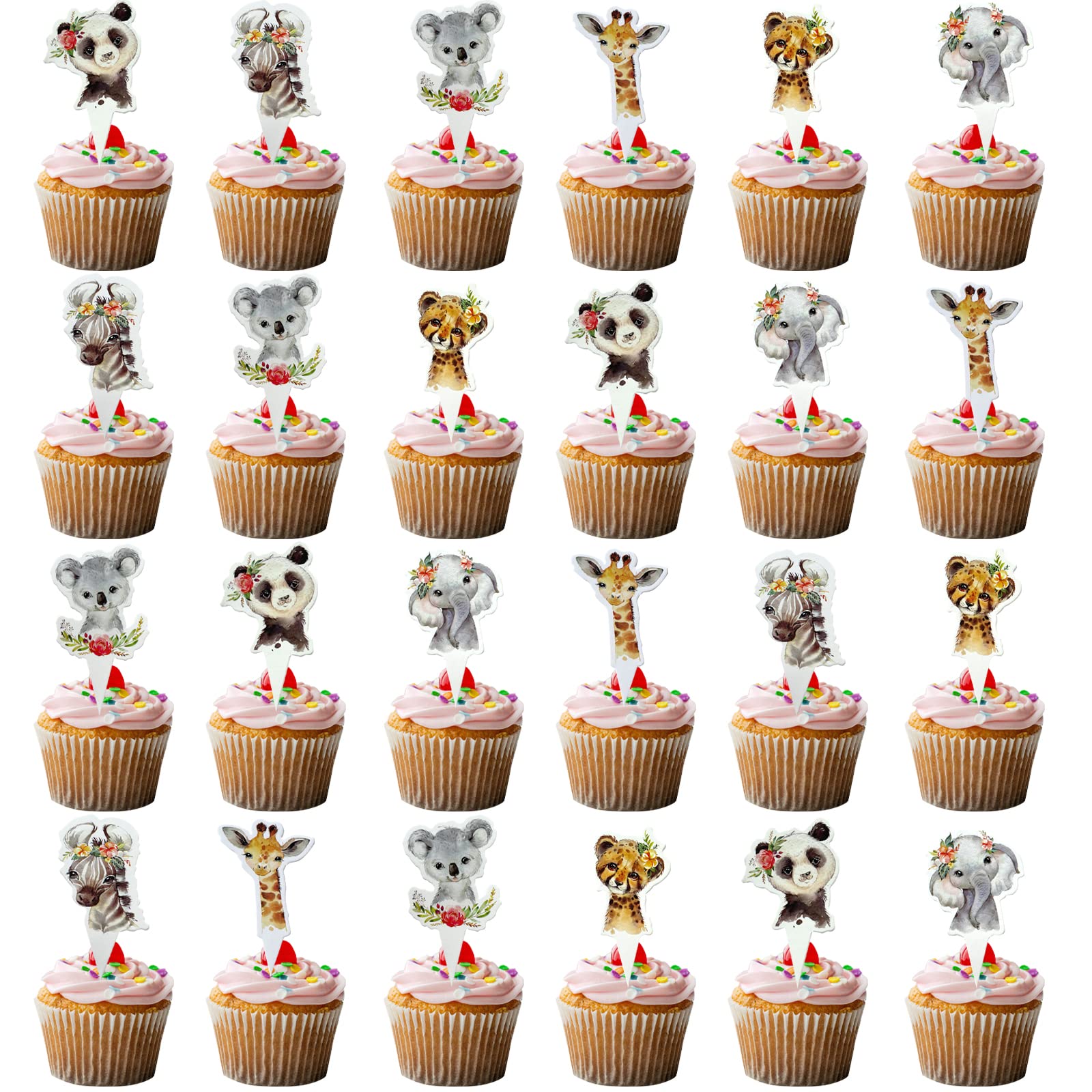 Fenghu 48 Pcs Wild One Cupcake Toppers - Floral Jungle Animals Safari Animal Birthday Party Decorations For Girl