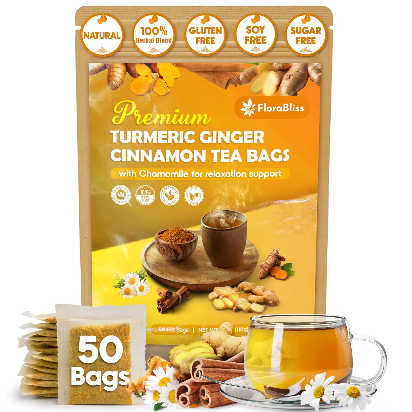 50 Bags Top-Grade Turmeric Flavor Blendger Cinnamon Tea With Upgraded Chamomile  Extra Strength 2.2G/Bag  100% Natural  Energy Blend-Free  Vegan  Eco-Friendly  Supports Digestion  Relaxation