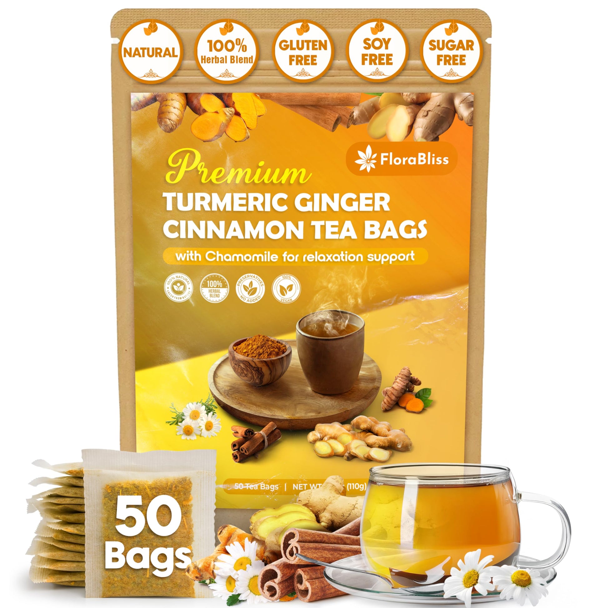 50 Bags Top-Grade Turmeric Flavor Blendger Cinnamon Tea With Upgraded Chamomile  Extra Strength 2.2G/Bag  100% Natural  Energy Blend-Free  Vegan  Eco-Friendly  Supports Digestion  Relaxation