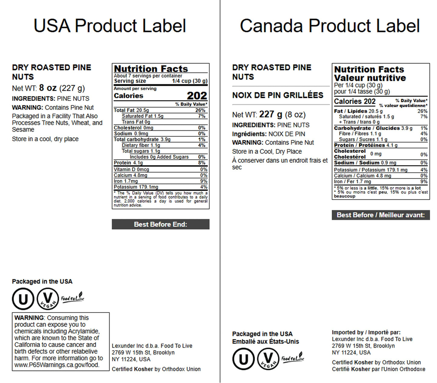 Food to Live Dry Roasted Pine Nuts, Vegan, Kosher, 8 Ounces, Naturally Tasty and Crunchy