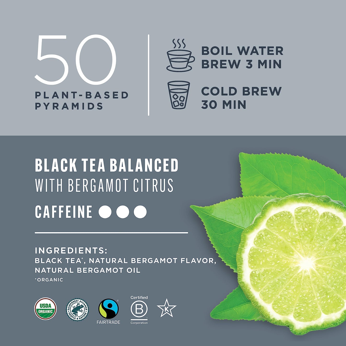 Teatulia Organic Earl Grey Tea Bags, 50 Pyramid Sachets, 100% Compostable, Whole Leaf Black Tea with Bergamot, Sustainably Grown