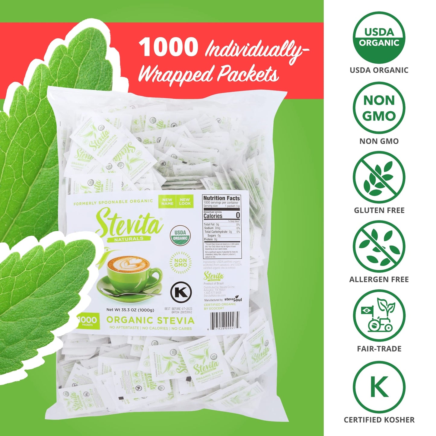 Stevita Organic Stevia - 1000 Packets - Stevia & Erythritol All-Natural Sweetener, No Calories - Usda Organic, Non-Gmo, Vegan, K