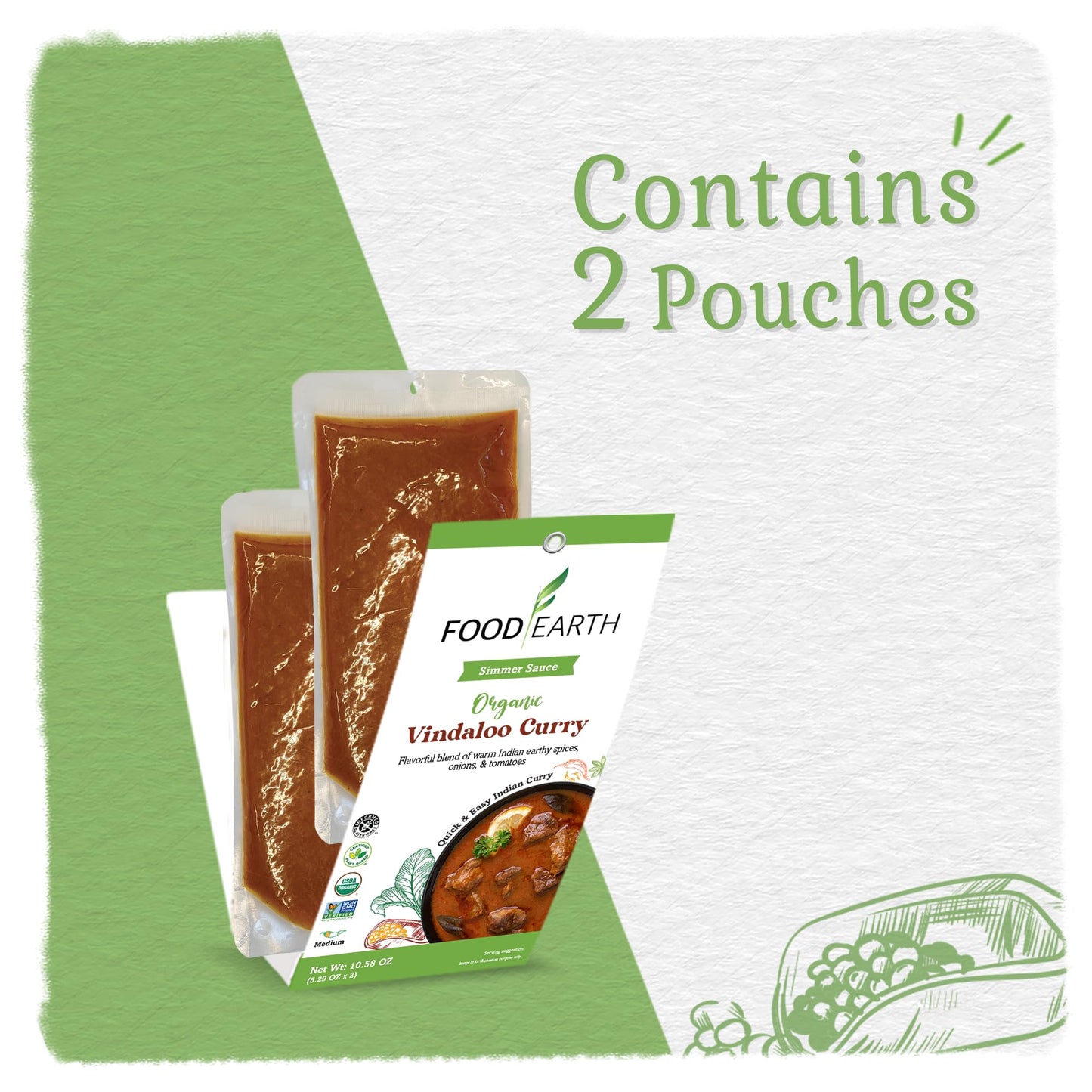 Food Earth Indian Simmer Sauce - Vindaloo Curry - Organic, Vegan, Gluten-Free, GMO-Free - Microwavable Cooking Sauce - 12 Pouche