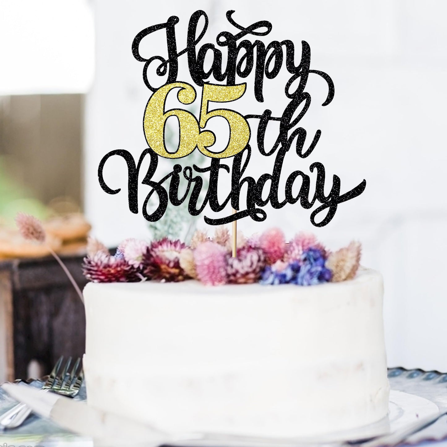 Leetaivie Happy 65Th Birthday Cake Topper, Black Gold Glitter Birthday Cake Topper, 65Th Anniversary/ 65Th Birthday Party Decora