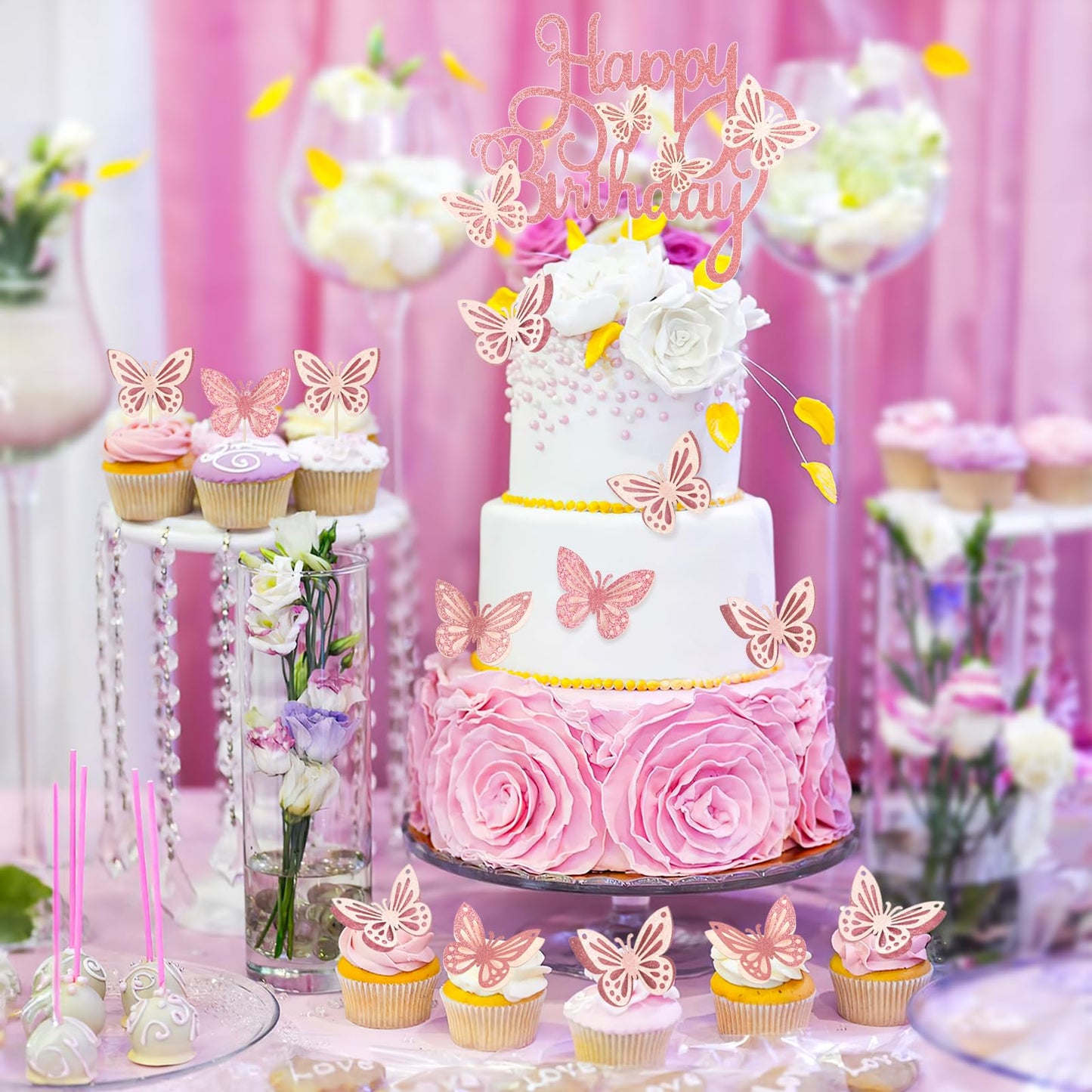 13 Pieces Butterfly Cake Toppers With Happy Birthday Cake Toppers 3D Pink Gold Butterfly Birthday Cake Decorations For Girls Wom