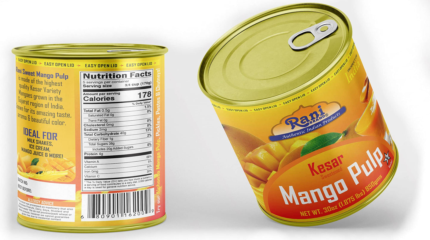 Rani Mango Pulp Puree (Makes Mango Lassi Shakes) Kesar Sweetened 30Oz (1.875Lbs) 850G Pack Of 2 ~ Kosher | All Natural | Non-Gmo | Vegan | No Colors | Gluten Friendly | Indian Origin