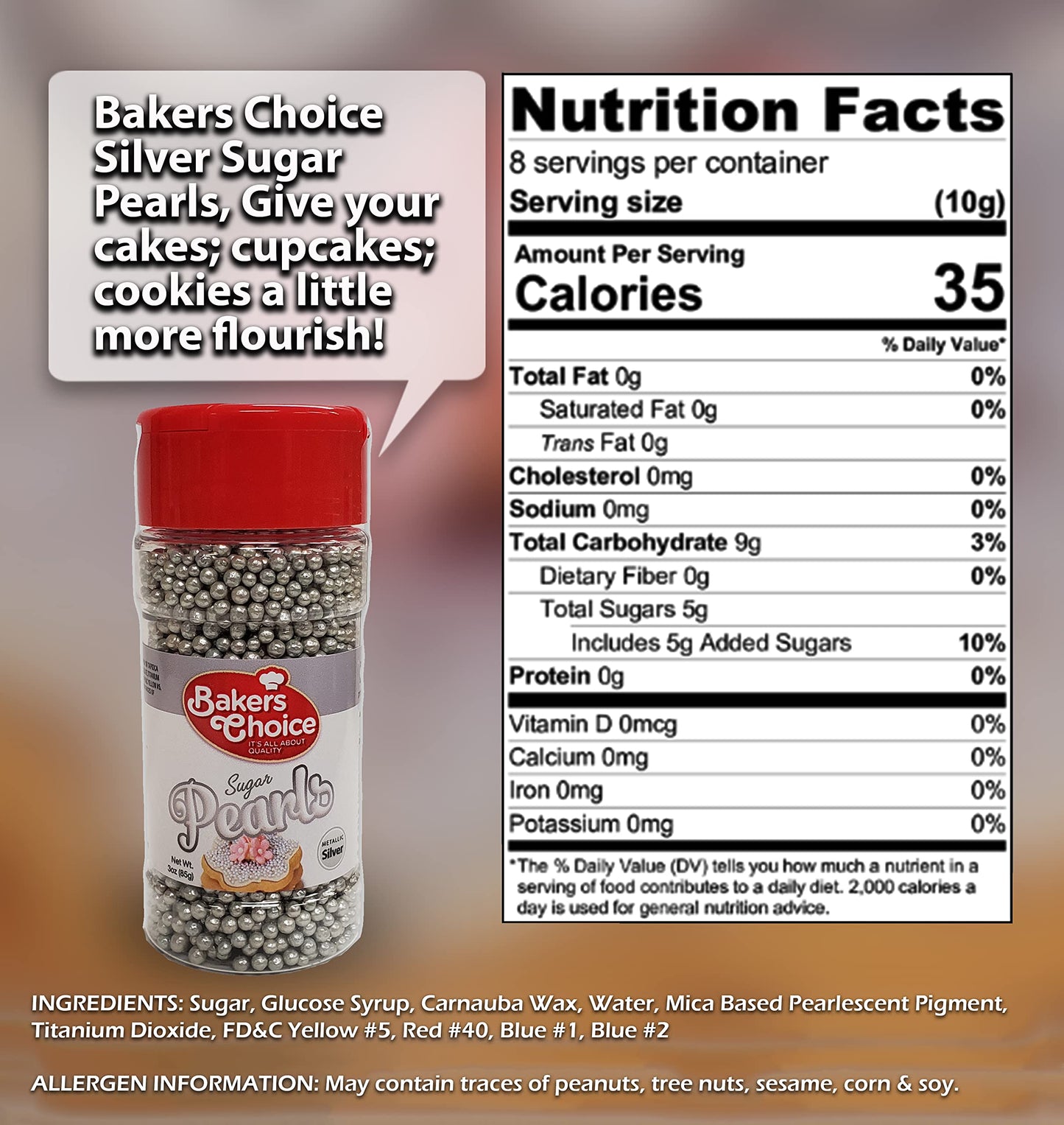 Bakers Choice Edible Pearls - Metallic Silver Sugar Pearls - Dairy Free - 3 oz.