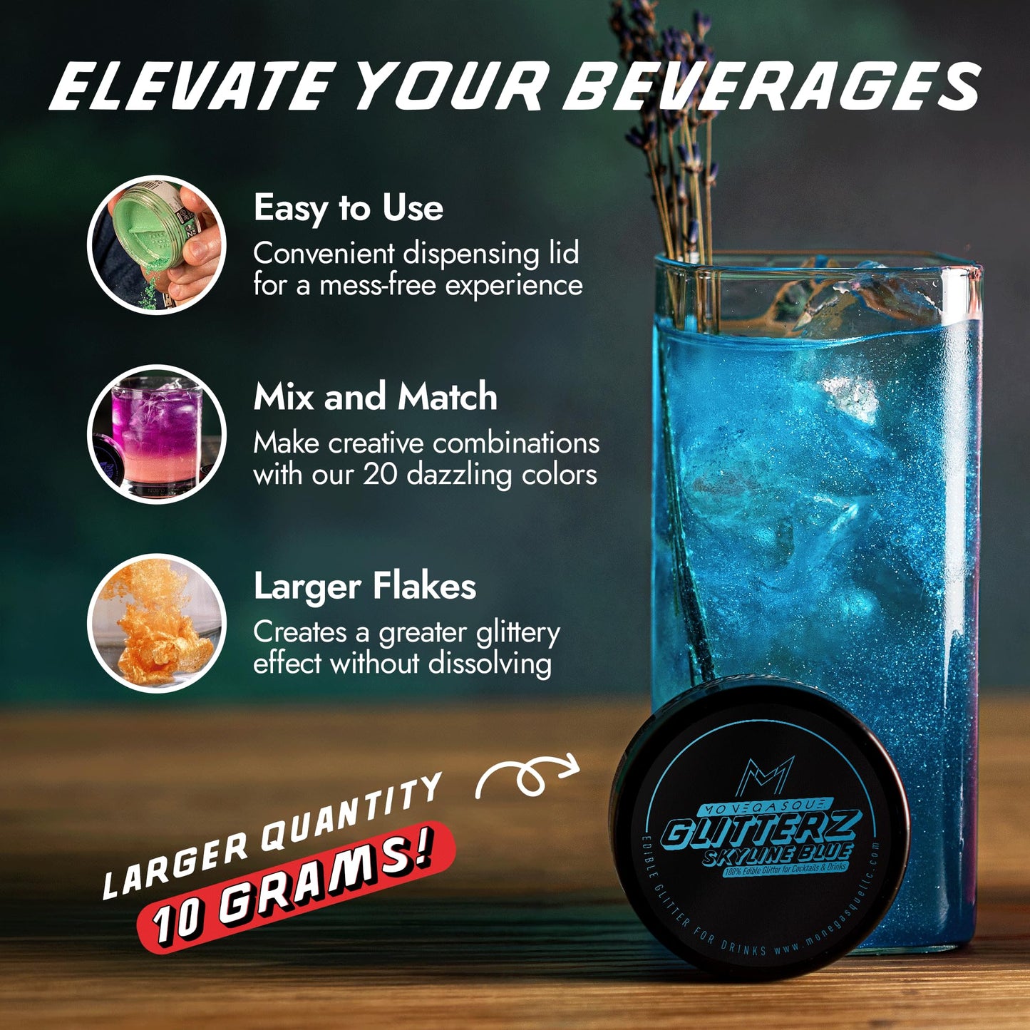 MONÉGASQUE Edible Glitter for Cocktails, Skyline Blue, 10g - Blue Glitter for Drinks and Cakes