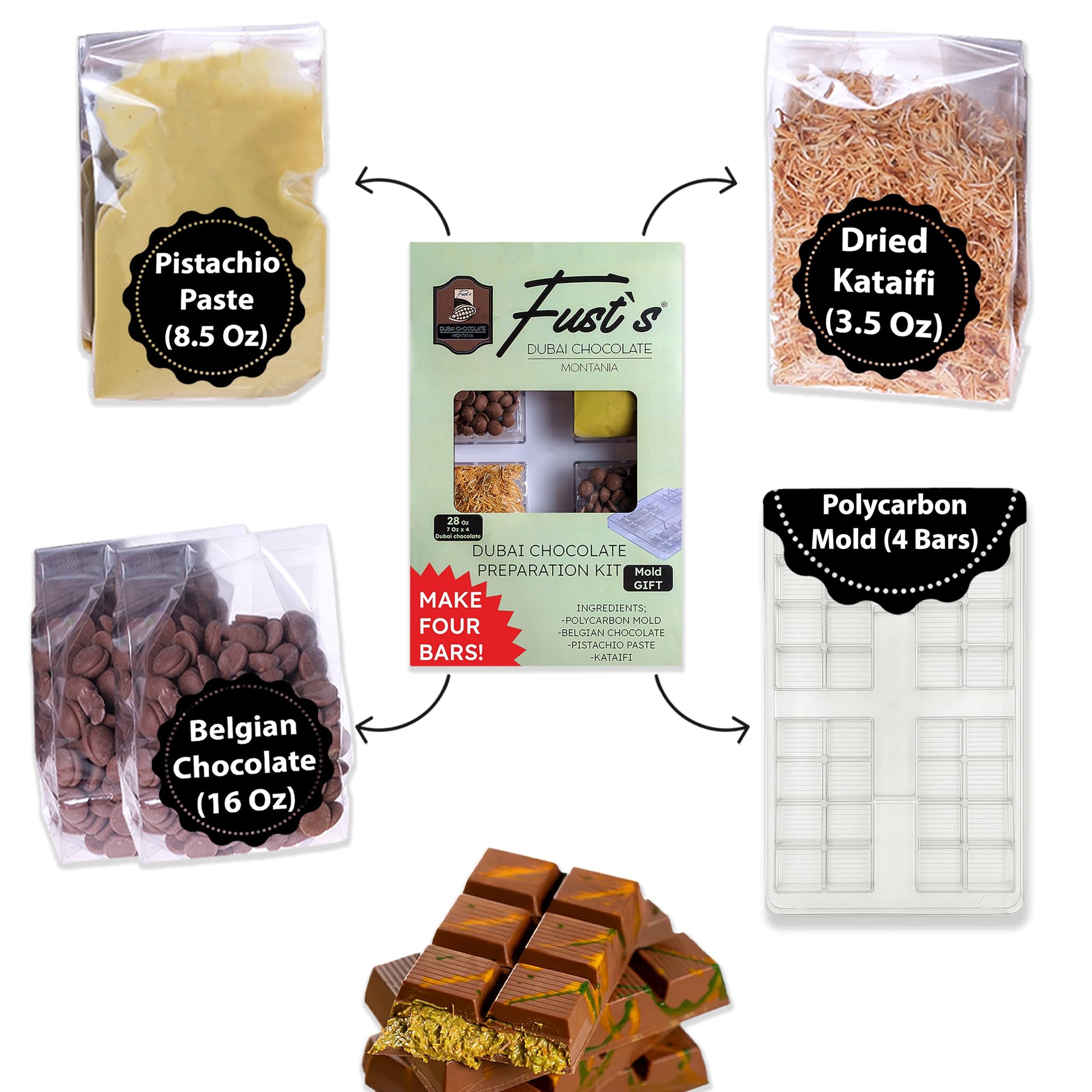 Dubai Chocolate Bar Kit  DIY Make Four Bars (16 Oz Belgian Choco  8.5 Oz Pistachio Cream  4-Piece Polycarbonate Mold  3.5 Oz Dried Kataifi)  DIY Dubai Pistachio Chocolate Kit  All-in-One Gift for Choco Lovers