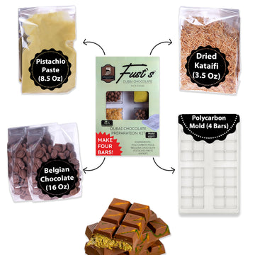 Dubai Chocolate Bar Kit  DIY Make Four Bars (16 Oz Belgian Choco  8.5 Oz Pistachio Cream  4-Piece Polycarbonate Mold  3.5 Oz Dried Kataifi)  DIY Dubai Pistachio Chocolate Kit  All-in-One Gift for Choco Lovers