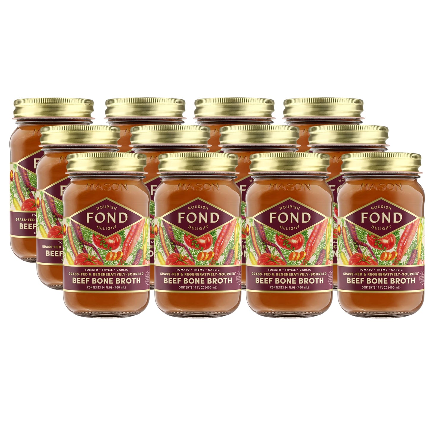 FOND NOURISH DELIGHT Beef Bone Broth with Organic Tomato & Thyme, 14 Fl Oz (Pack of 12)