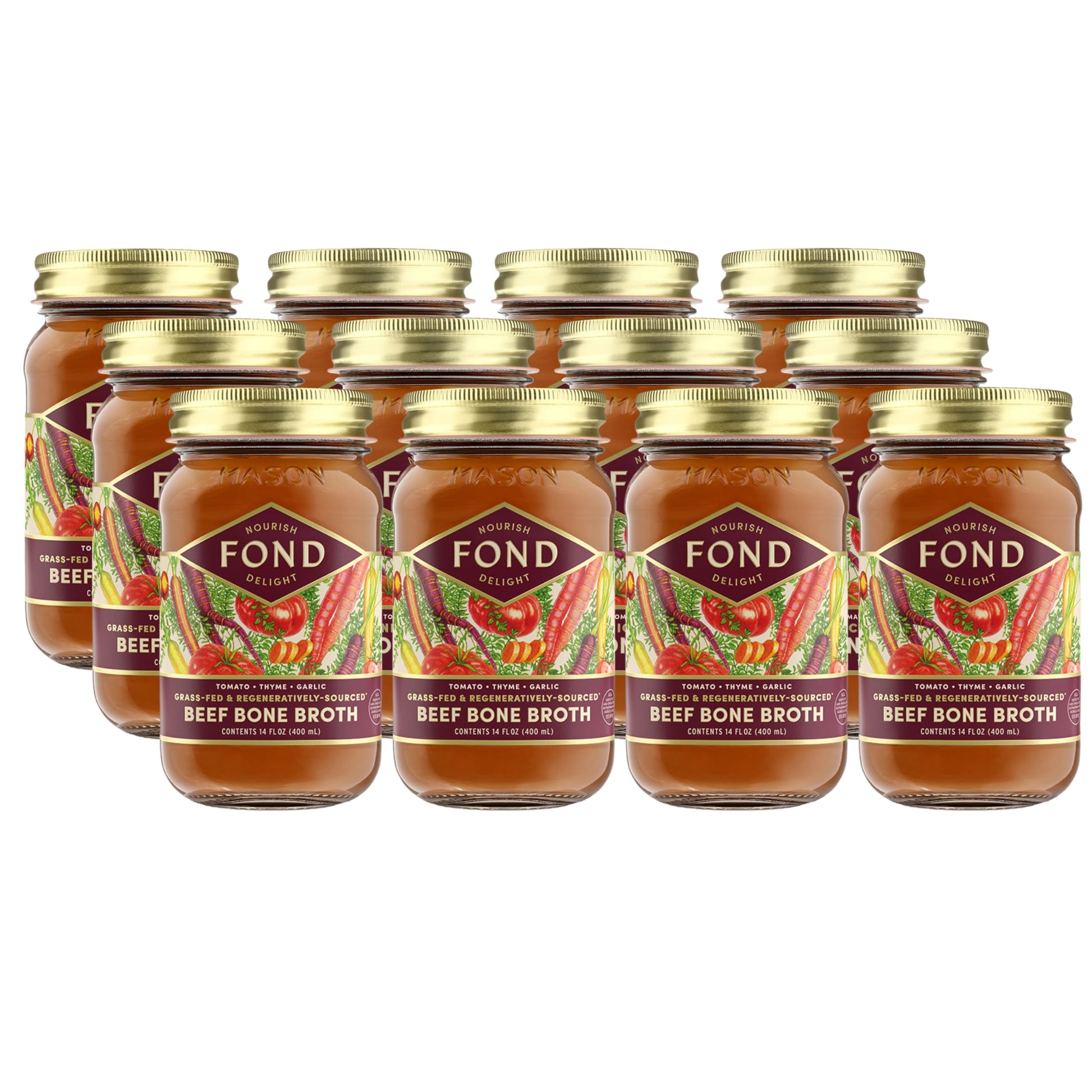 FOND NOURISH DELIGHT Beef Bone Broth with Organic Tomato & Thyme, 14 Fl Oz (Pack of 12)