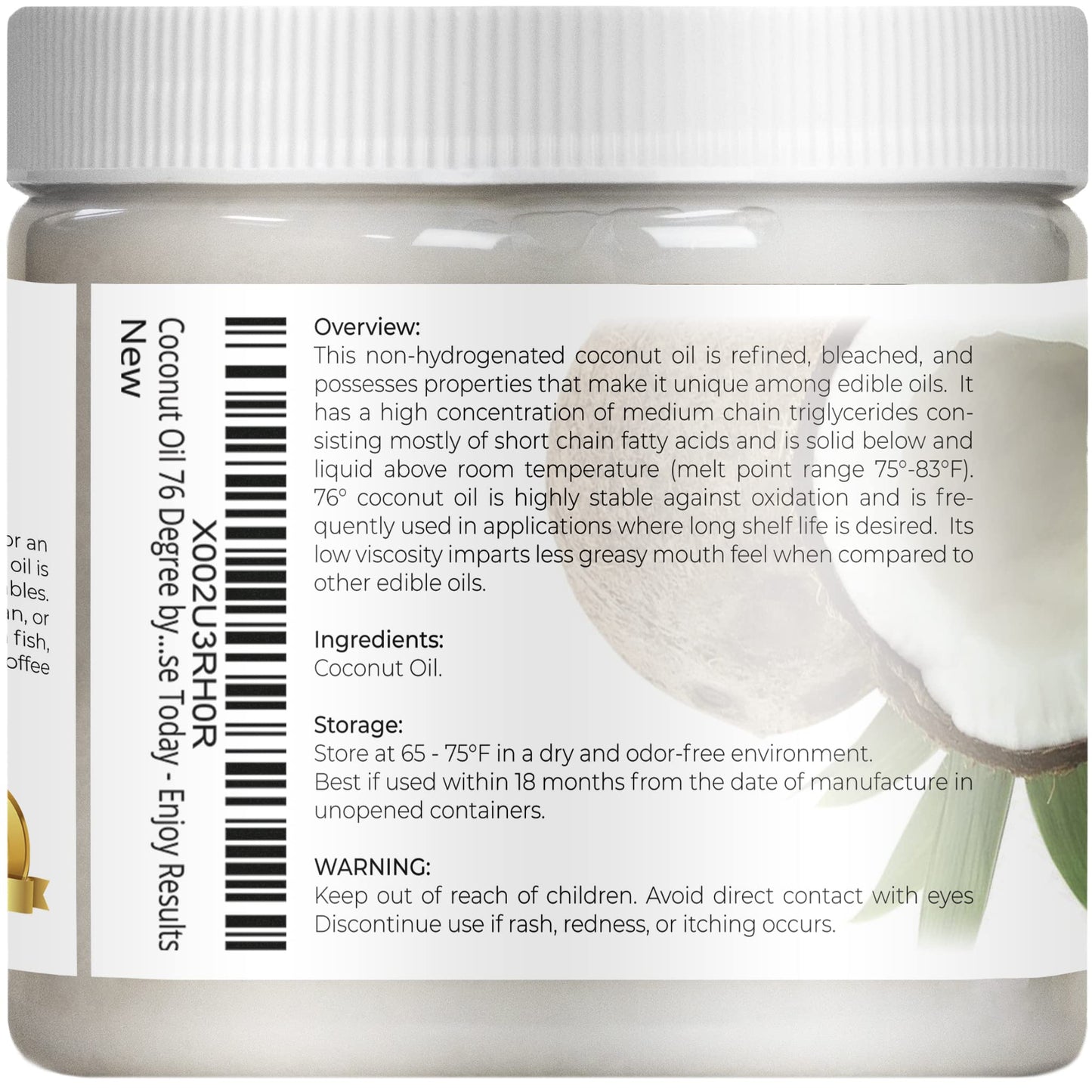 Velona Coconut Oil 76 Degree 16 Fl Oz | 100% Pure And Natural Carrier Oil | In Jar | Refined, Cold Pressed | Skin, Face, Body, H