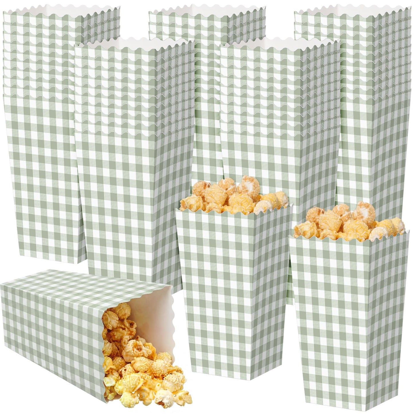 Geyoga 50 Pcs Sage Green Gingham Popcorn Boxes 6 x 3 x 2.4 in Plaid Popcorn Bucket Disposable Paper Party Candy Snack Containers