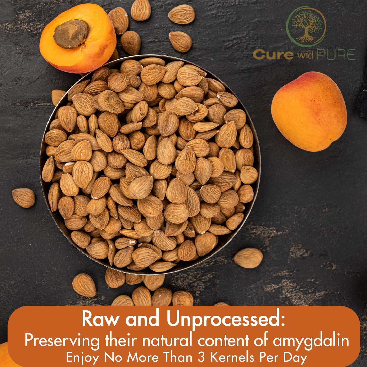 Cure wid Pure Certified Organic Apricot Seeds 1lb -Freshly Packed Gluten Free Raw Non-GMO Organic Bitter Apricot Kernels - Rich in  - Eco-Friendly Resealable Pack Max 3 Kernels Per Day