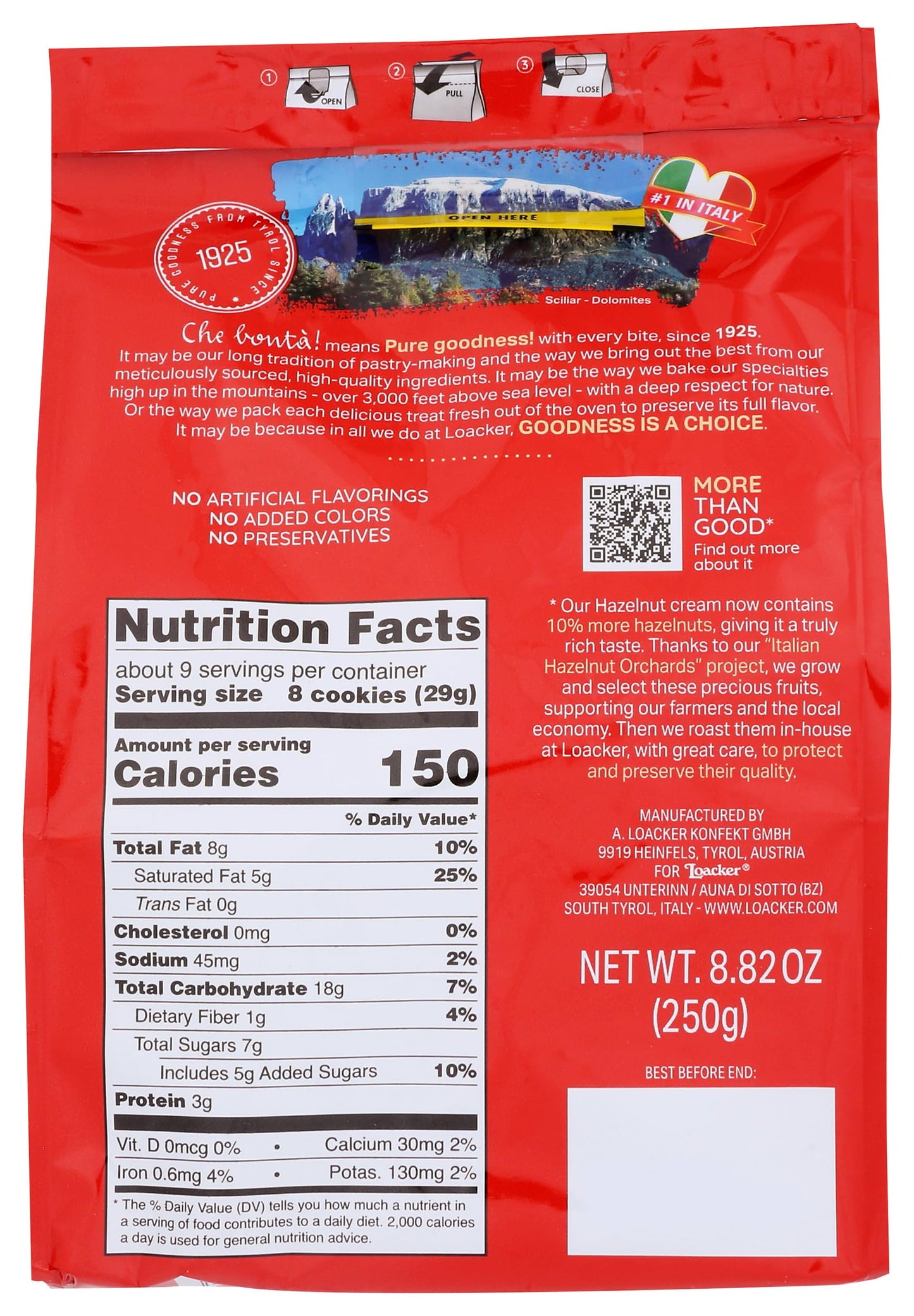 Loacker Quadratini Hazelnut Wafer Cookies - 30% Less Sugar - Premium Crispy Bite Size Wafers With Hazelnut Cream Filling - Resealable Family Pack - Non-Gmo - 100% Italian Hazelnuts - Large Snack Bag 250G/8.82Oz