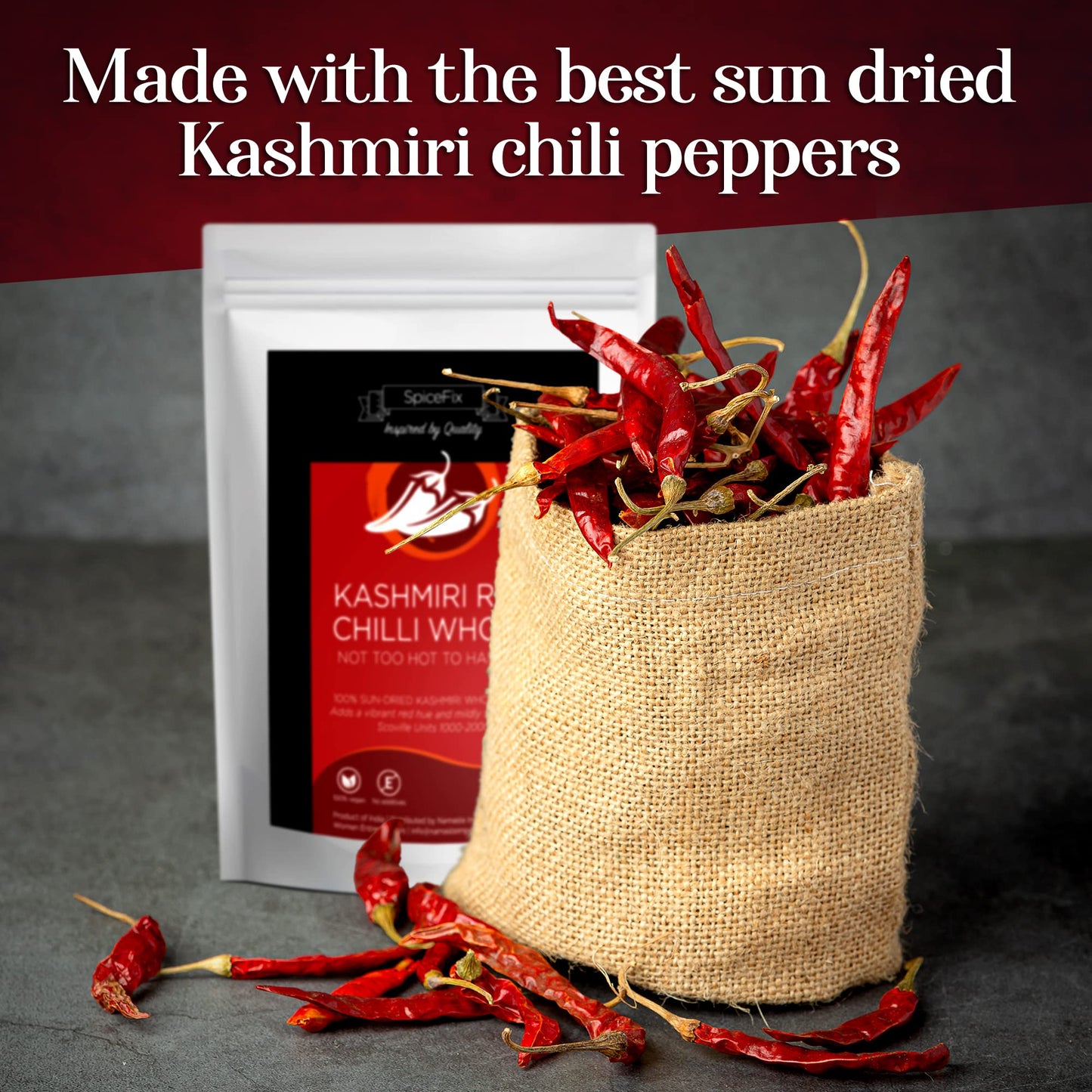 Spicefix - Whole Kashmiri Red Chilli Pepper, Mild To Medium Heat Natural Stemless Chillies, Sun-Dried Red Pepper, Indian Dried Chili Peppers In A Resealable Bag, 2.6 Ounces