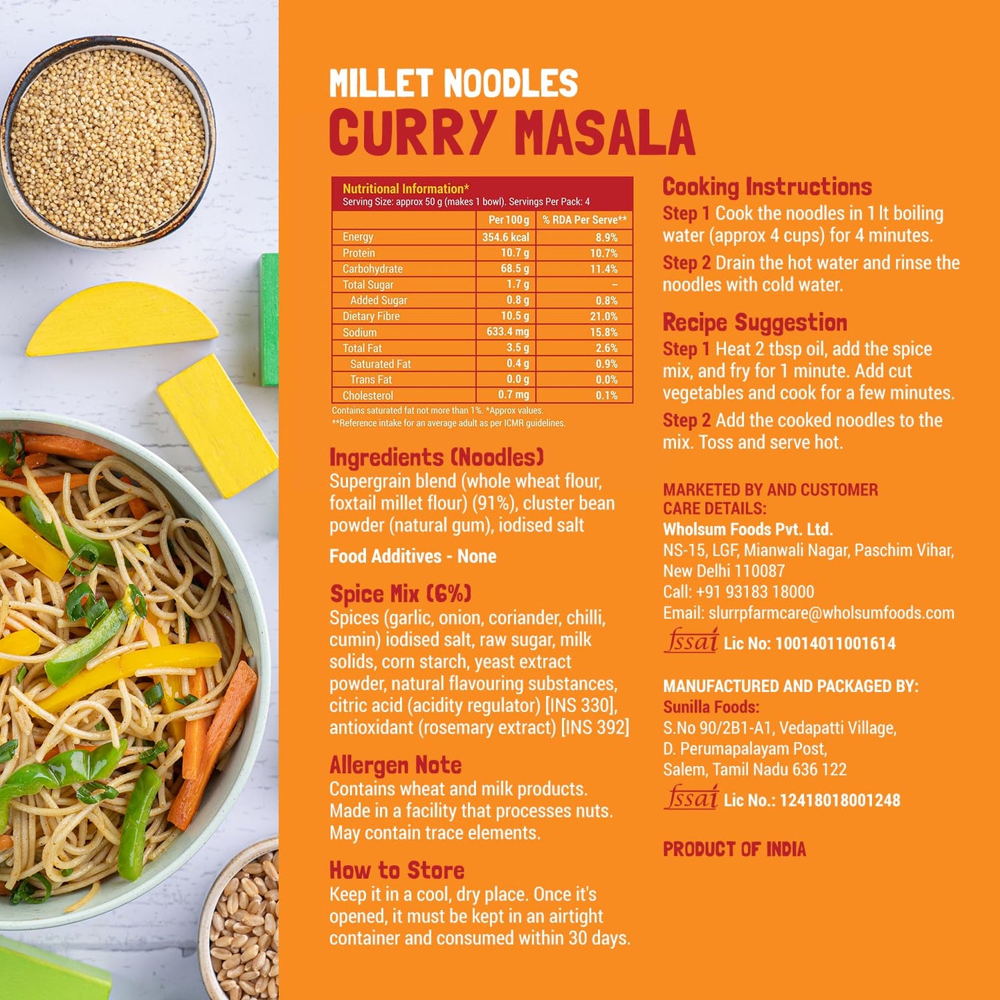 Slurrp Farm No Maida Hakka Noodles Combo, Not Fried, No Msg, Classic, Mild And Curry Masala Millet Noodles, Pack Of 3 X 192 G