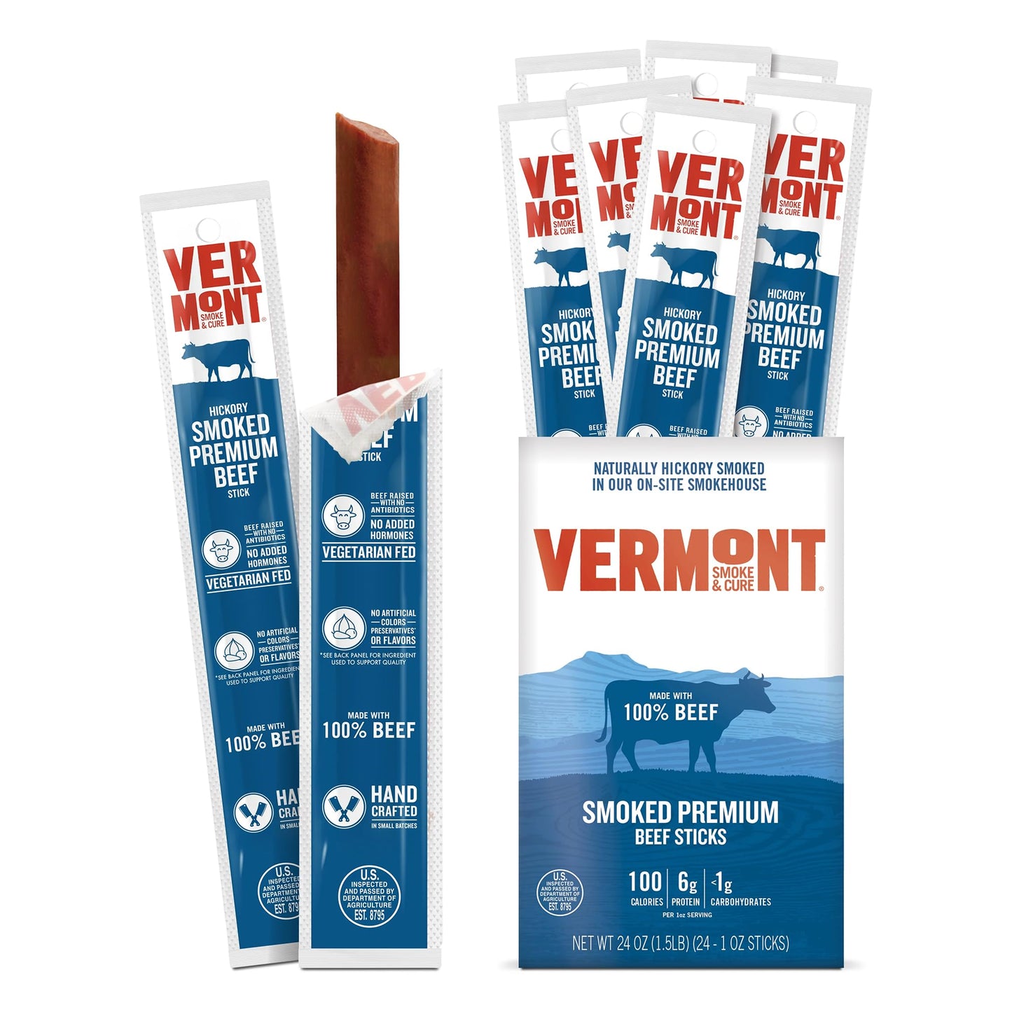 Vermont Smoke & Cure Smoked Beef Sticks - Portable Meat Snack - 1oz - 24 Count