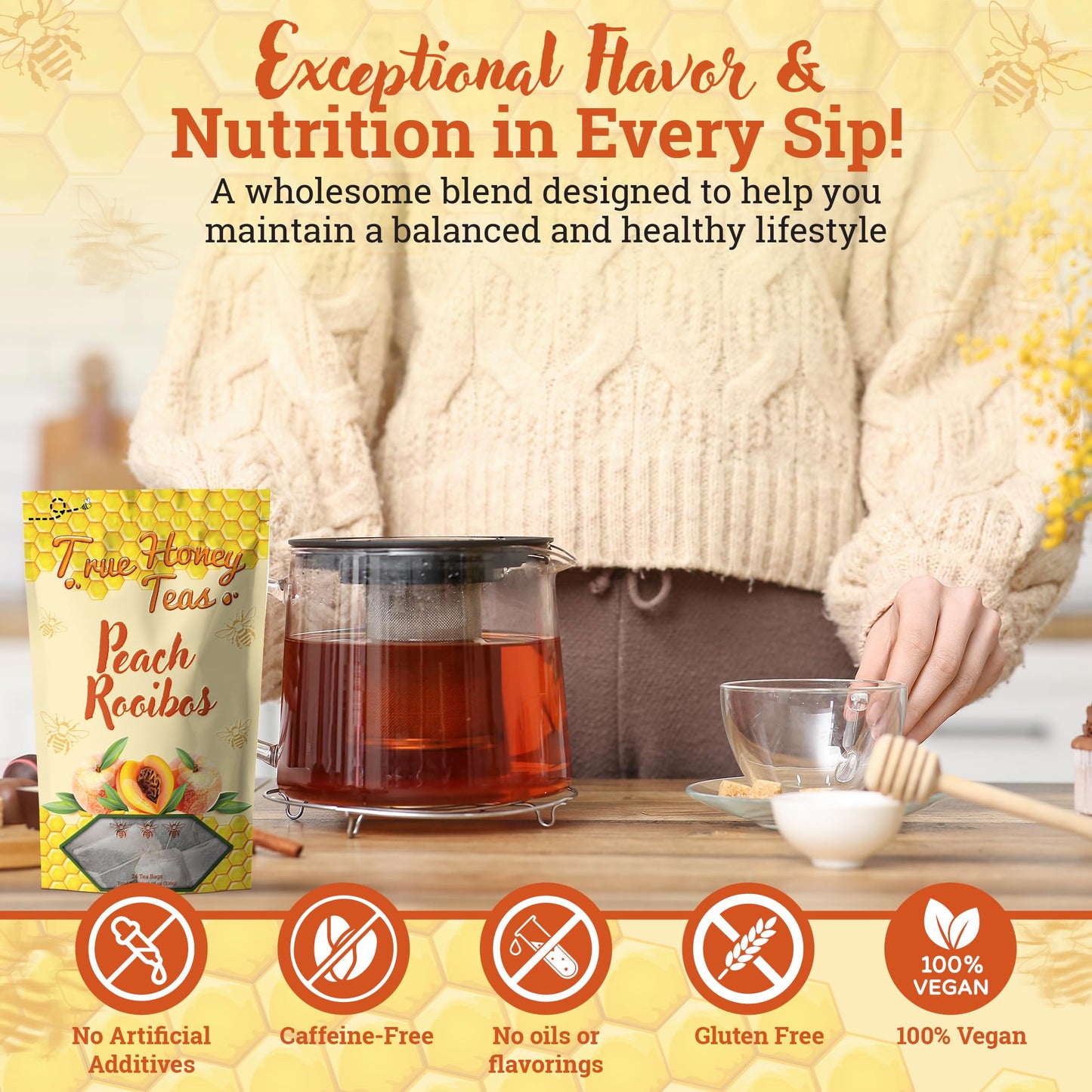 True Honey Teas Peach Rooibos Herbal Tea Bags - Organic, Caffeine-Free, Blended with Honey Crystals, 24 Count