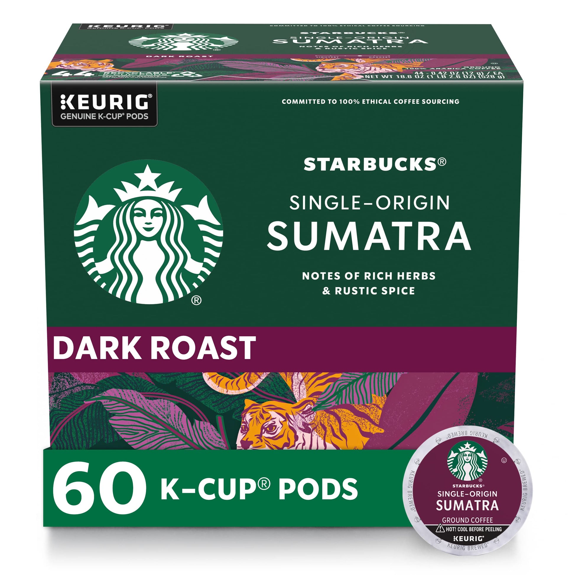 Starbucks K-Cup Coffee Pods, Dark Roast, 100% Arabica, 60 Pods Total, Sumatra, 10 Count (Pack of 6)