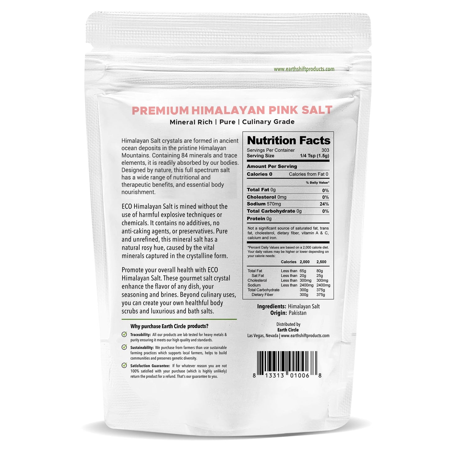 Earth Circle Organics Himalayan Pink Fine Grain Salt - Pure Culinary Grade, Raw, Kosher - 6 Pounds (1 Pound Pack of 6)