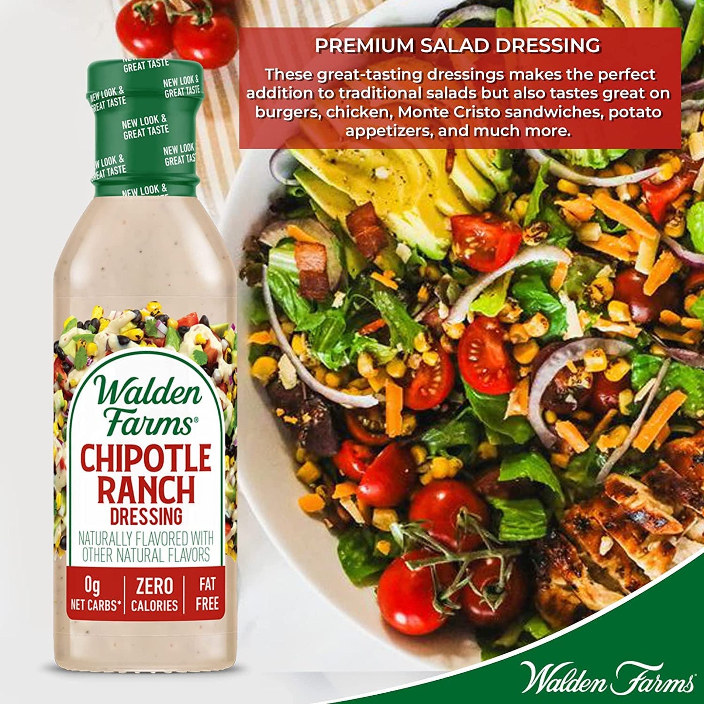 Walden Farms Chipotle Ranch Dressing 12 Oz. Bottle | Fresh & Delicious Salad Topping | 0G Net Carbs Condiment | Kosher Certified