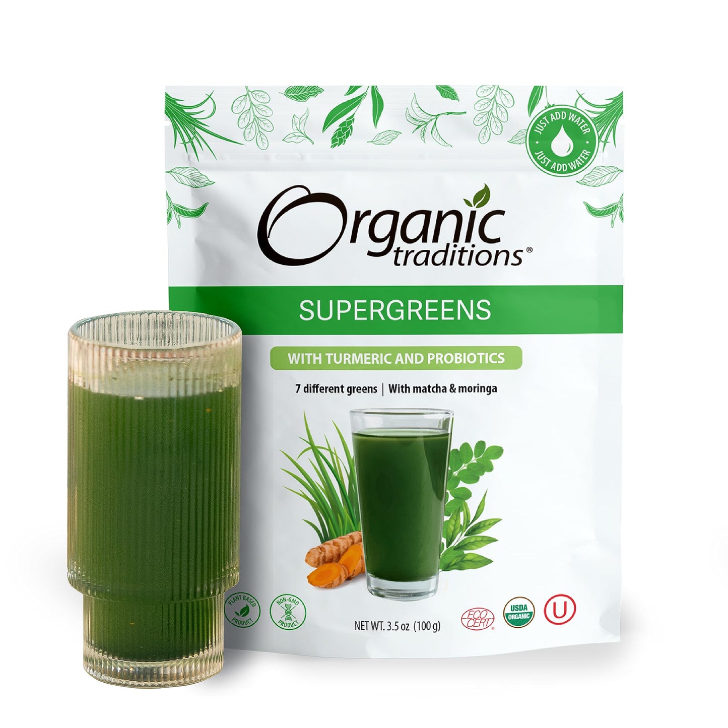 Organic Traditions Super Greens Powder Superfood with Turmeric, Organic Greens Superfood Powder, 100g/3.5oz Bag