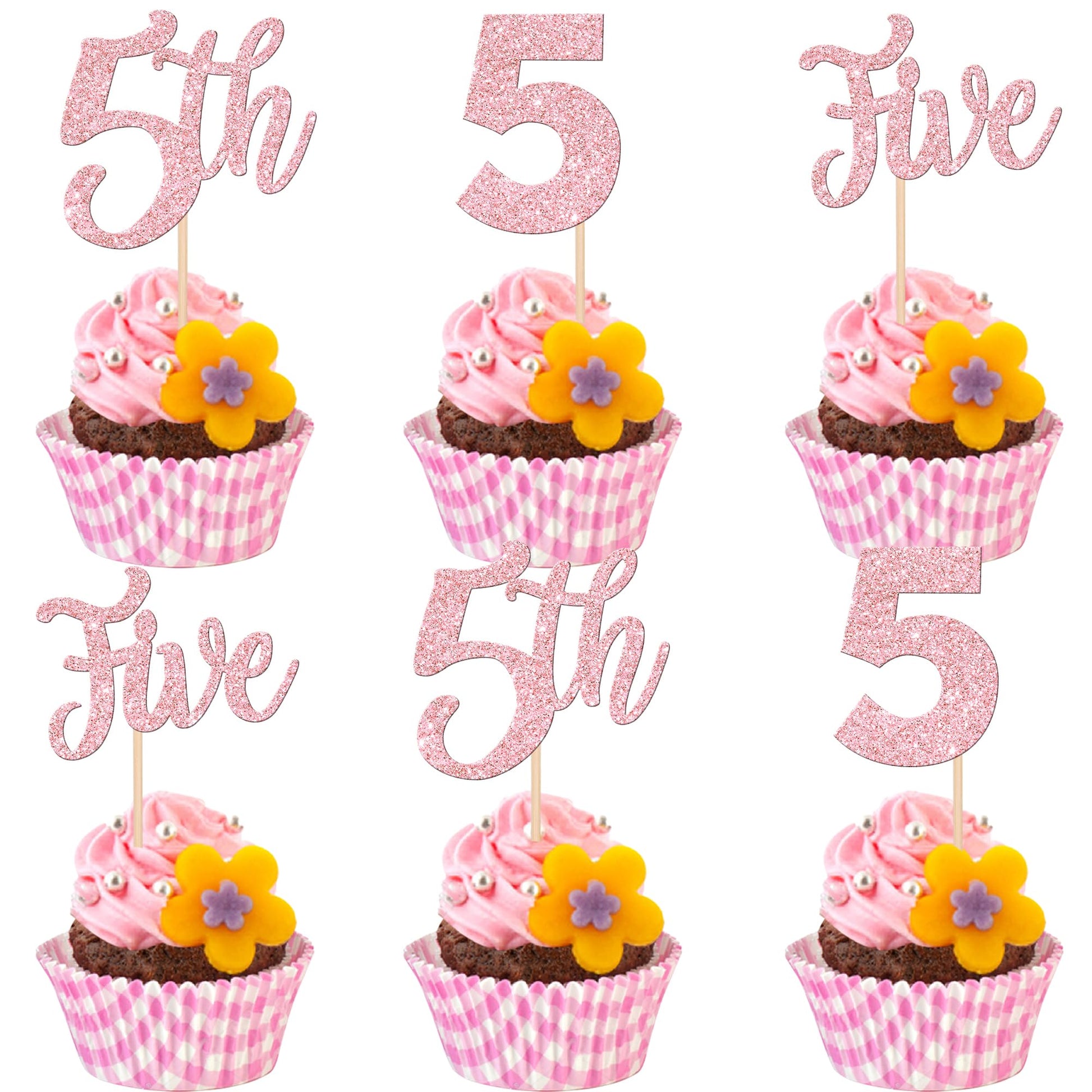 24 PCS 5th Birthday Cupcake Toppers Glitter Five Birthday Cupcake Picks Number 5 Cake Toppers for Baby Shower Kids 5th Birthday 