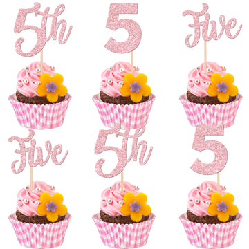 24 PCS 5th Birthday Cupcake Toppers Glitter Five Birthday Cupcake Picks Number 5 Cake Toppers for Baby Shower Kids 5th Birthday 