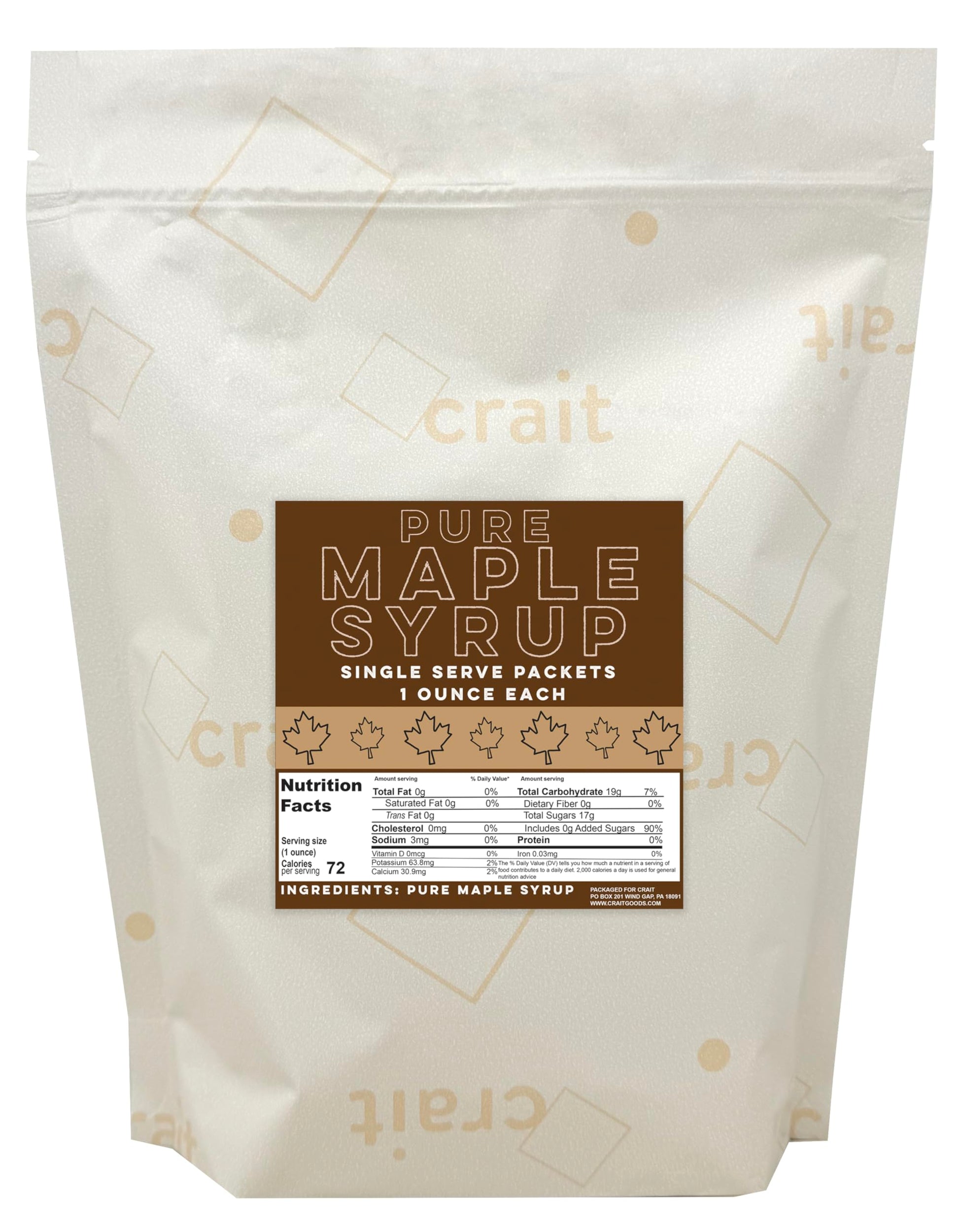 Crait Pure Maple Syrup Packets - Single Serve 1 oz, 30 Pack, Travel Size, Perfect for Pancakes and Quick Energy