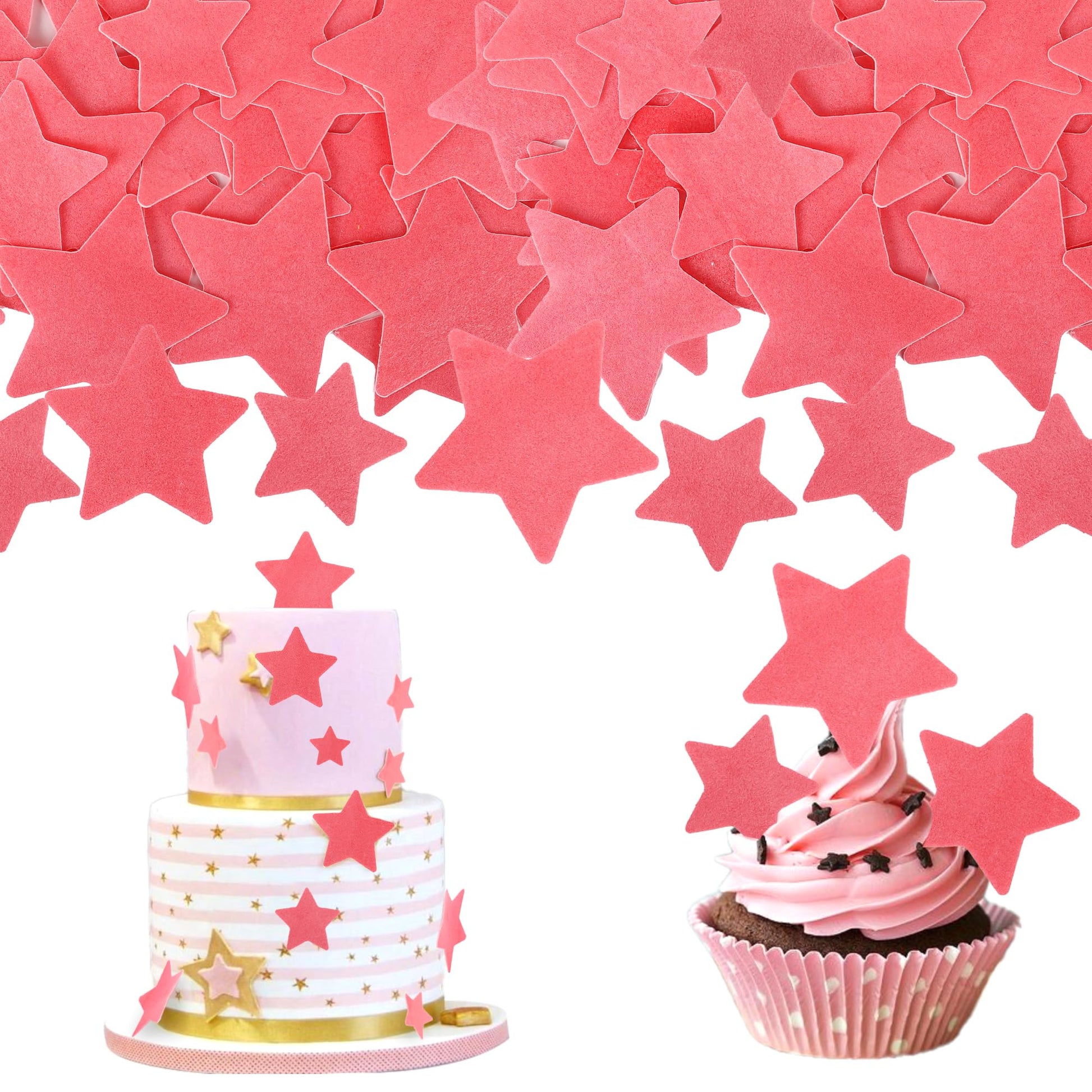 ZHUOWEISM 60 PCS Edible Star Cupcake Toppers Wafer Paper Pink Decorations for Baby Shower, Wedding, Birthday Party Supplies