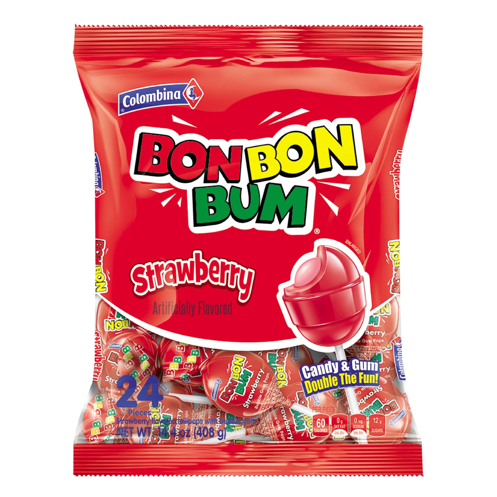 Colombina Bon Bon Bum Lollipops W/Bubble Gum Center, Strawberry Flavor, Individually Wrapped, Ideal For Party Favors And Gifts, 1 Pack (24 Count)