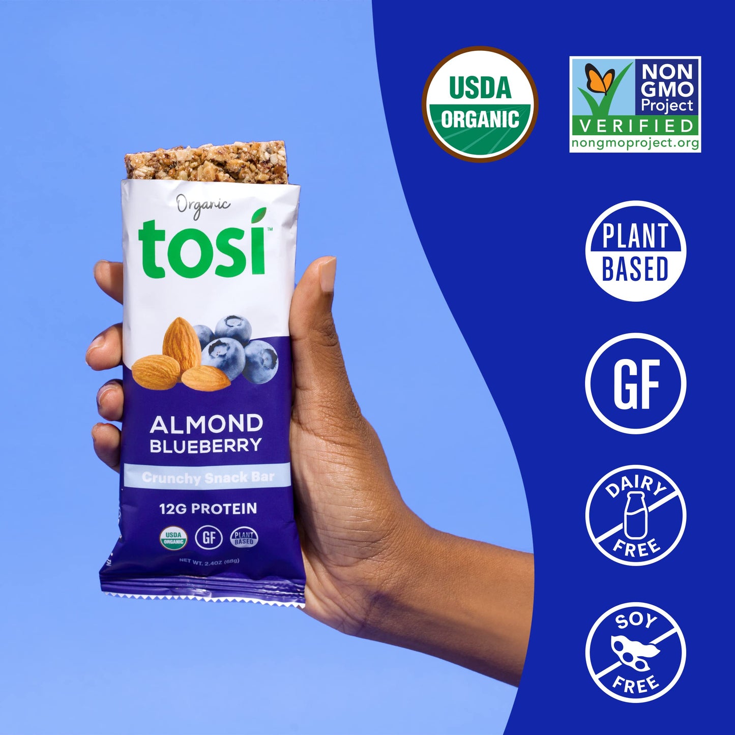 Tosi Almond Blueberry Protein Bars, Plant Based with Nuts, Gluten-Free Crunchy Snacks, Vegan, Organic, Flax & Chia Seeds, Soy-Fr
