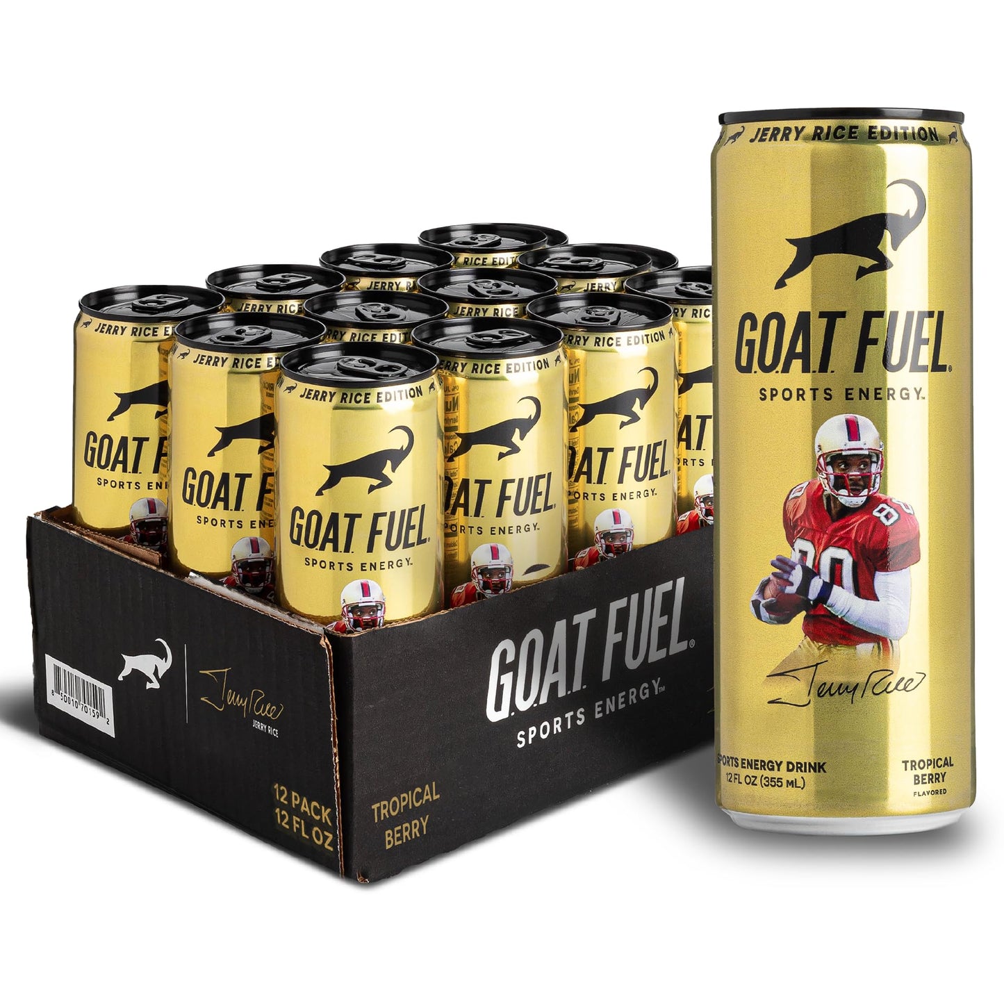 G.O.A.T. Fuel Energy Drink, Co-Founded By Jerry Rice, Natural Caffeine, Electrolytes, Bcaas, Cordyceps Mushrooms & Antioxidants, Light Carbonation Pre Workout, 12 Pack, 12 Fl Oz, Tropical Berry